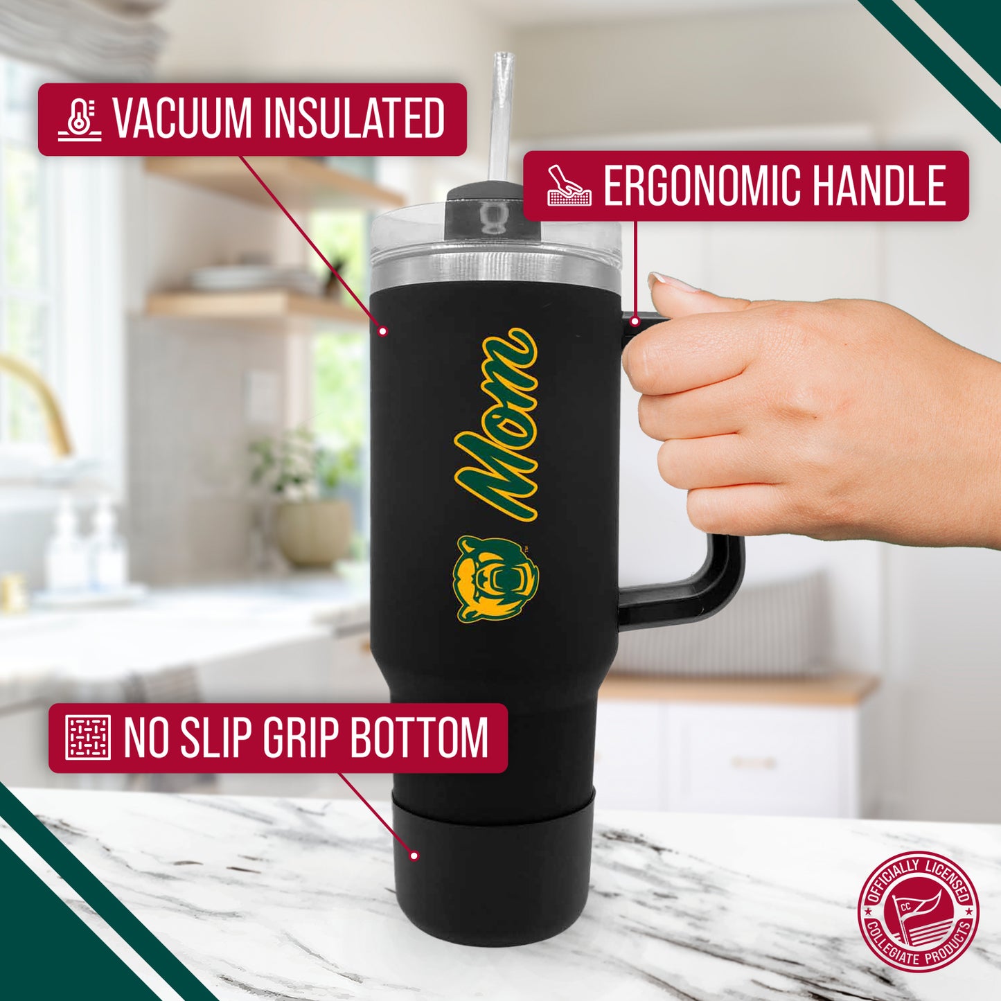 Baylor Bears Collegiate 40oz Stainless Steel Travel Tumbler with Handle for Mom - Black