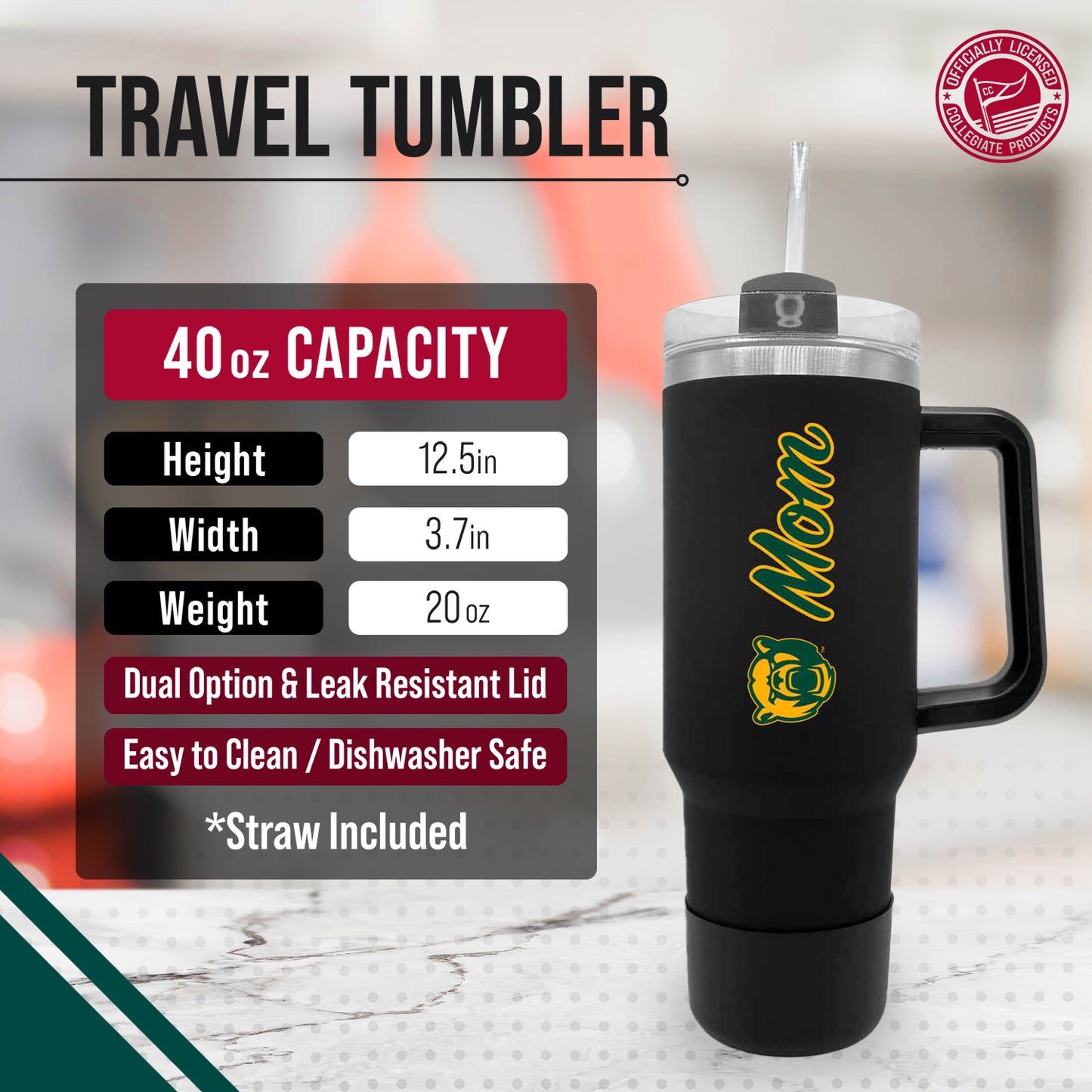 Baylor Bears Collegiate 40oz Stainless Steel Travel Tumbler with Handle for Mom - Black