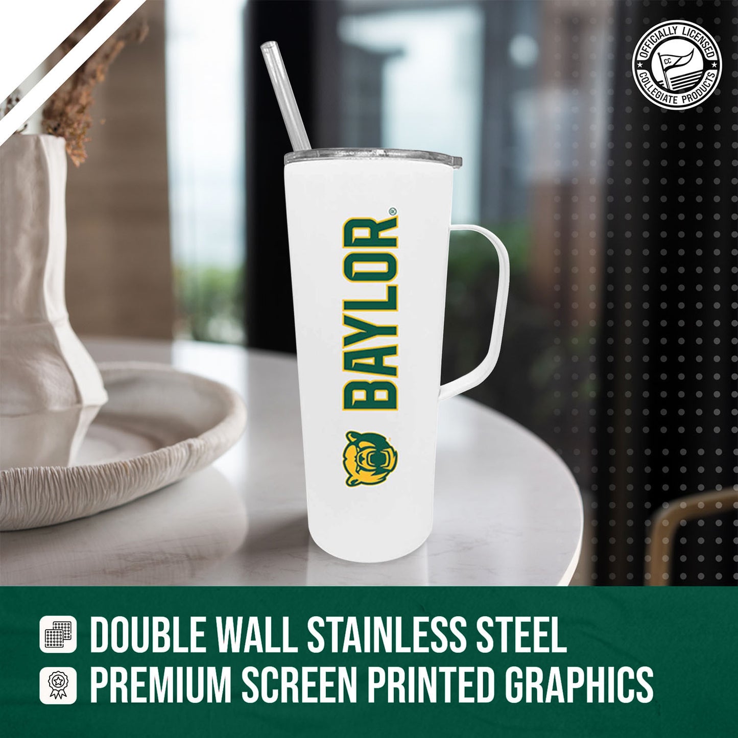 Baylor Bears NCAA Stainless Steel 20oz Roadie With Handle & Dual Option Lid With Straw - White