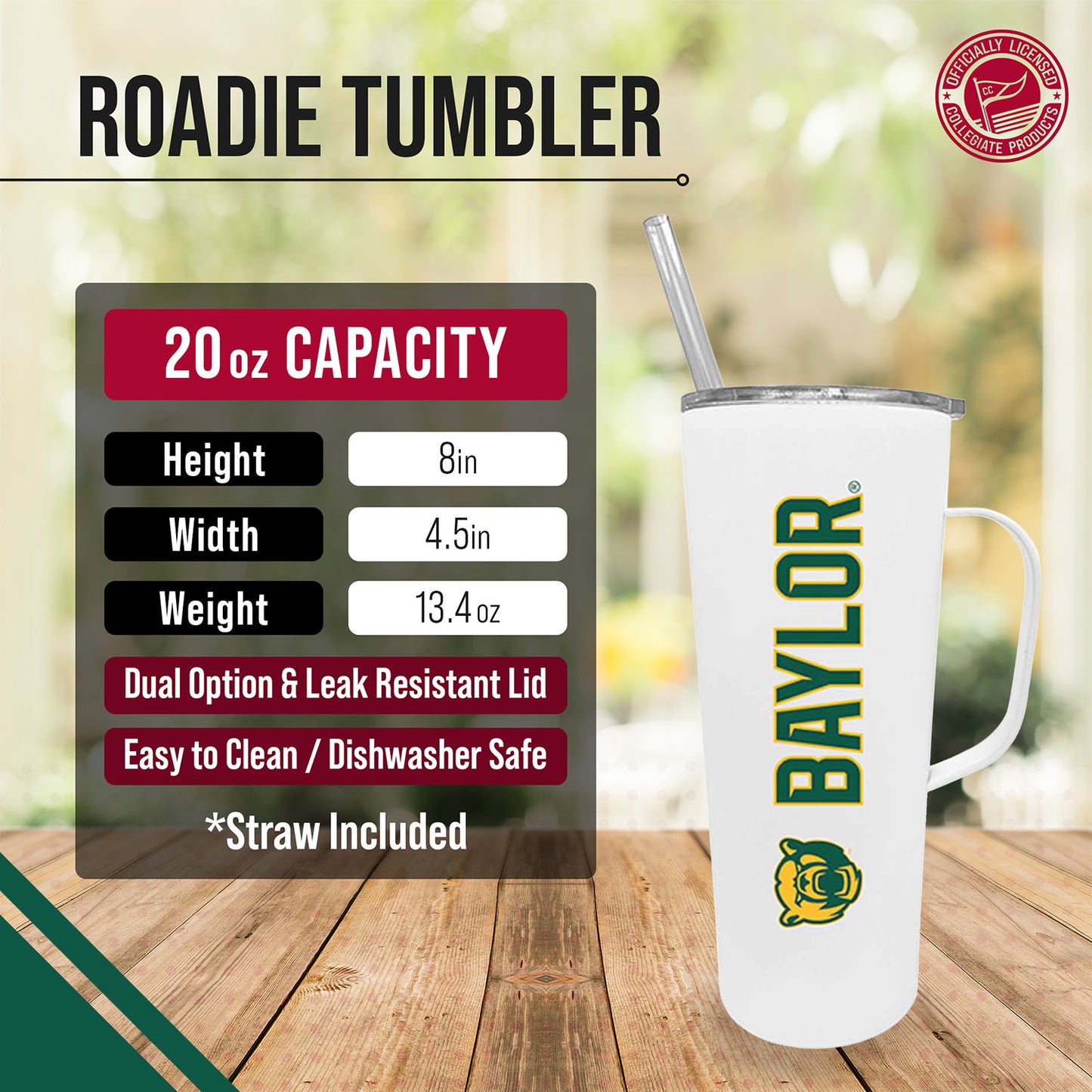 Baylor Bears NCAA Stainless Steel 20oz Roadie With Handle & Dual Option Lid With Straw - White