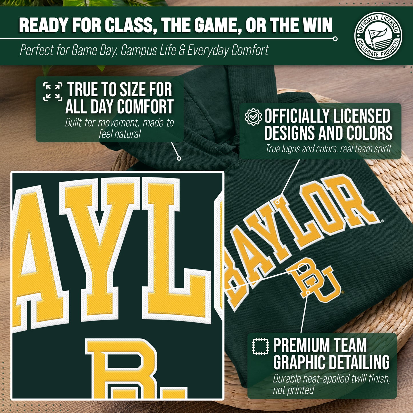Baylor Bears NCAA Adult Tackle Twill Hooded Sweatshirt - Green