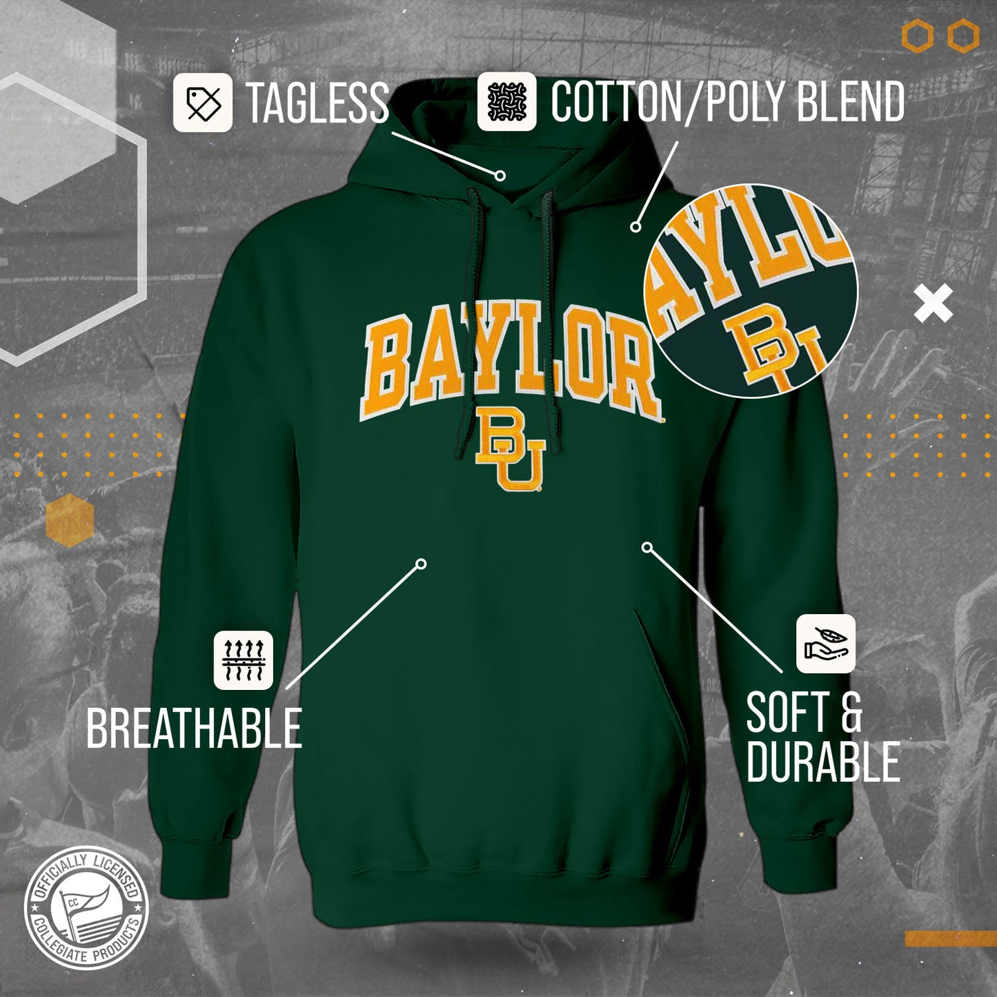 Baylor Bears NCAA Adult Tackle Twill Hooded Sweatshirt - Green
