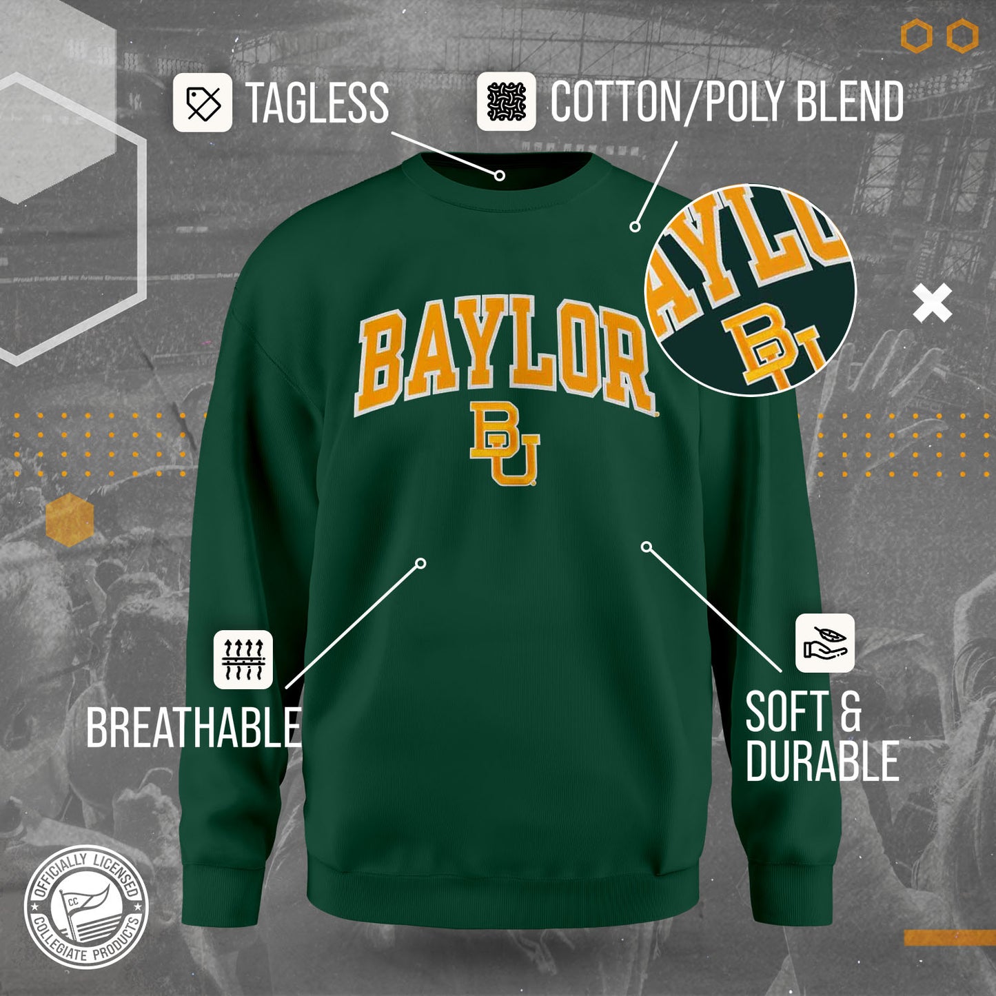 Baylor Bears NCAA Adult Tackle Twill Crewneck Sweatshirt - Green