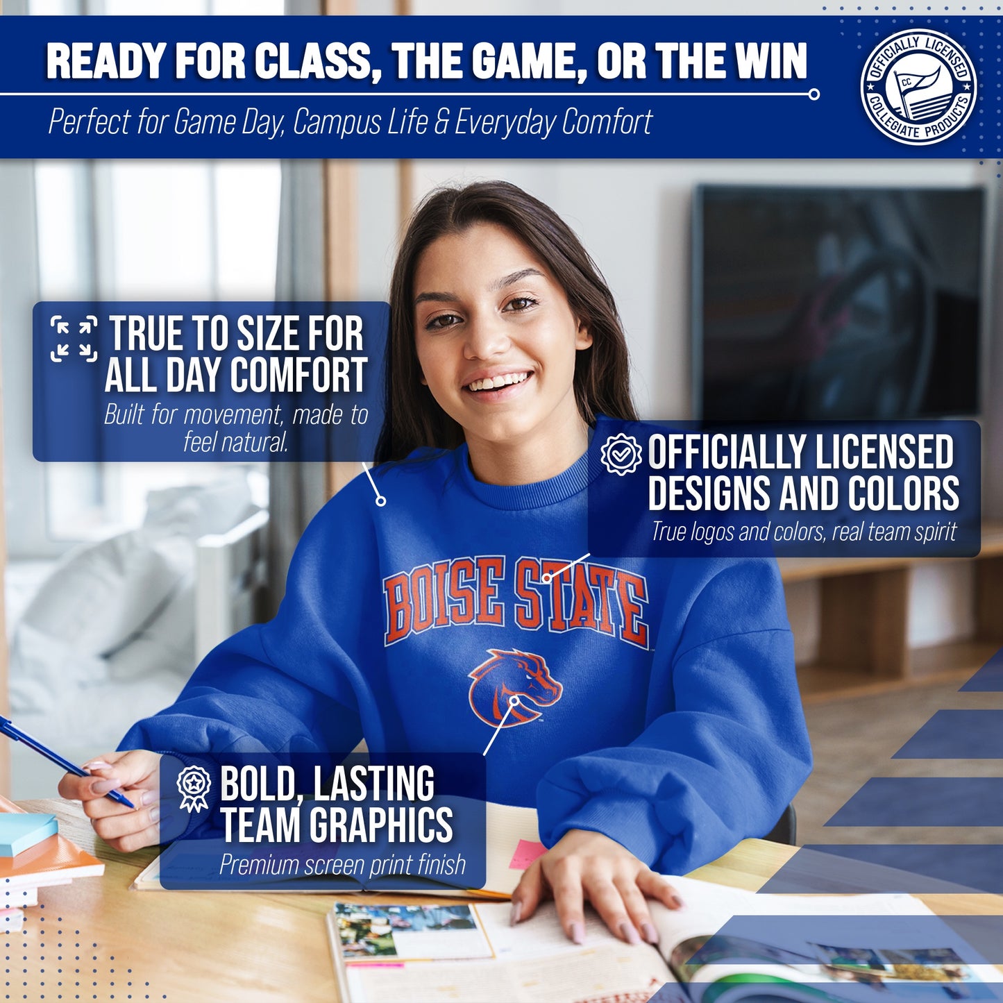 Boise State Broncos Adult Arch & Logo Soft Style Gameday Crewneck Sweatshirt - Royal