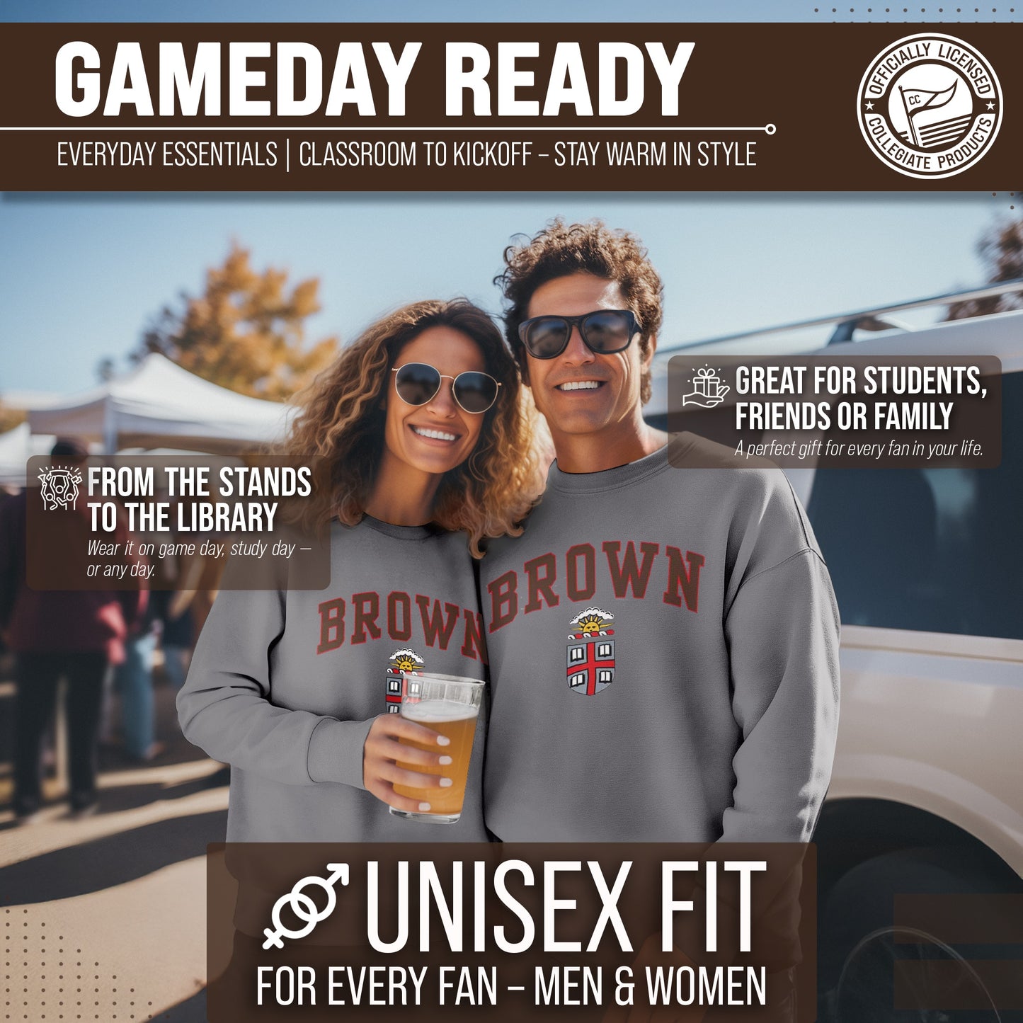 Brown Bears Campus Colors Adult Arch & Logo Soft Style Gameday Crewneck Sweatshirt - Gray