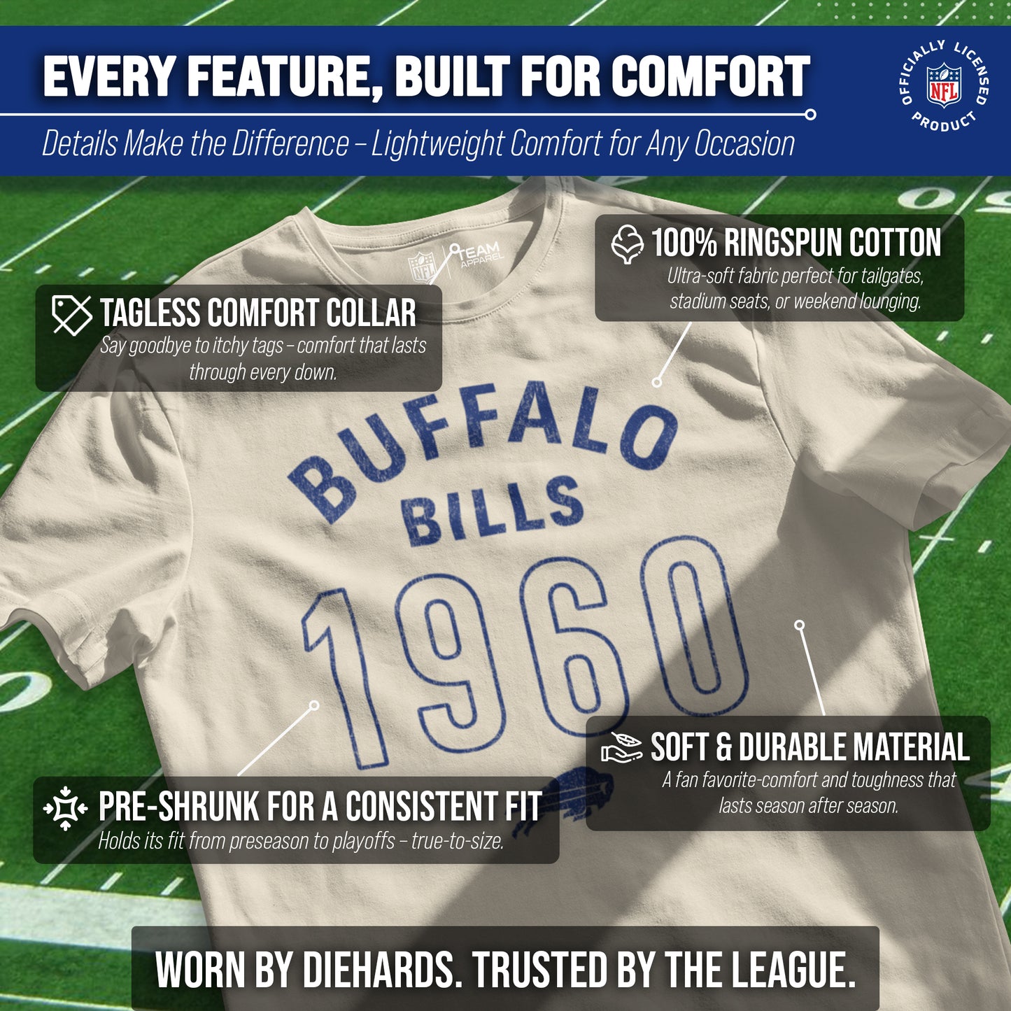 Buffalo Bills NFL Adult Big Date Tag-Less T-Shirt - Natural