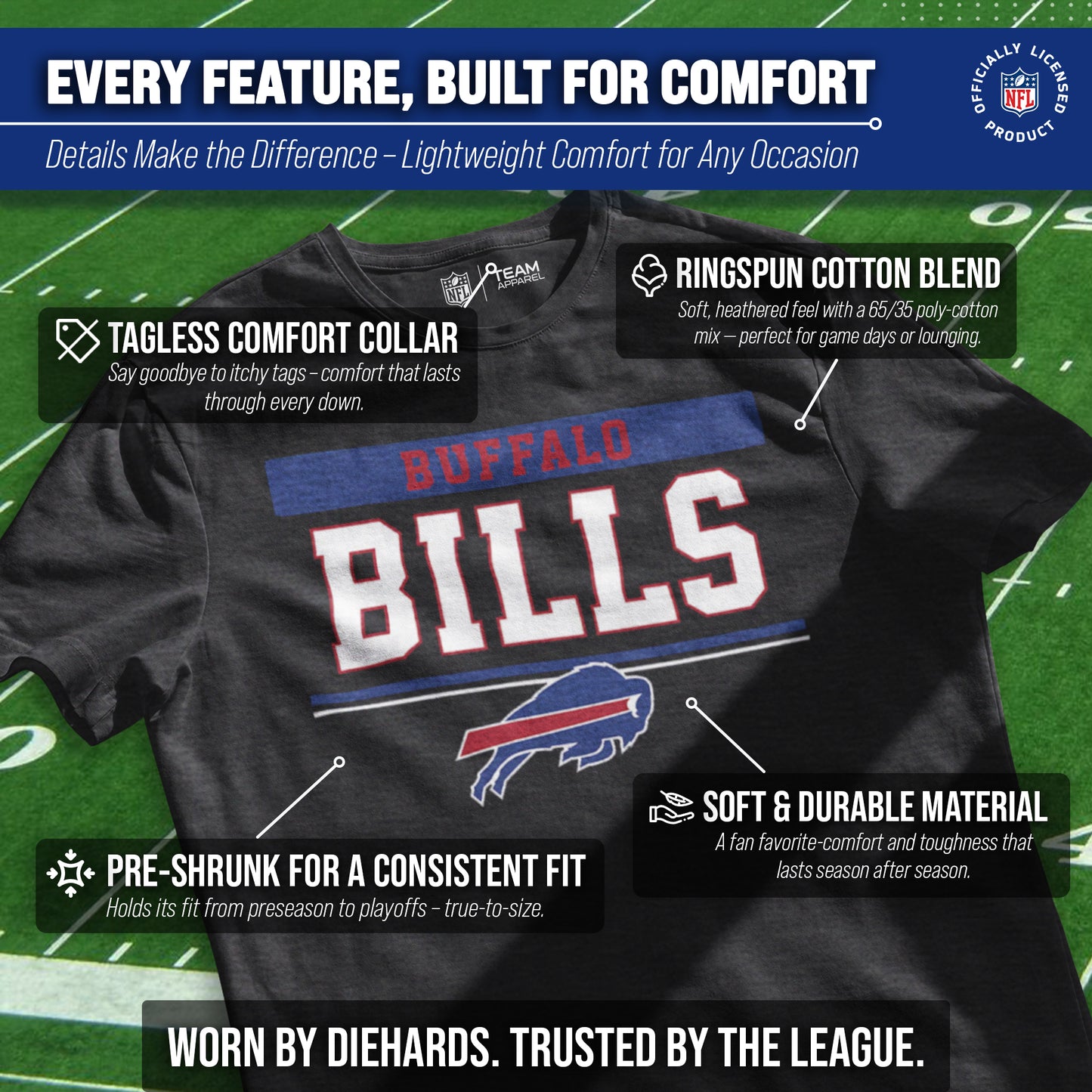 Buffalo Bills NFL Adult Team Block Tagless T-Shirt - Charcoal