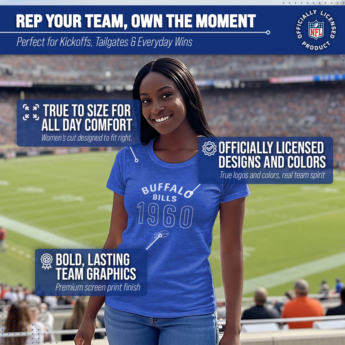 Buffalo Bills NFL Womens Big Date Tag-Less T-Shirt - Royal Heather