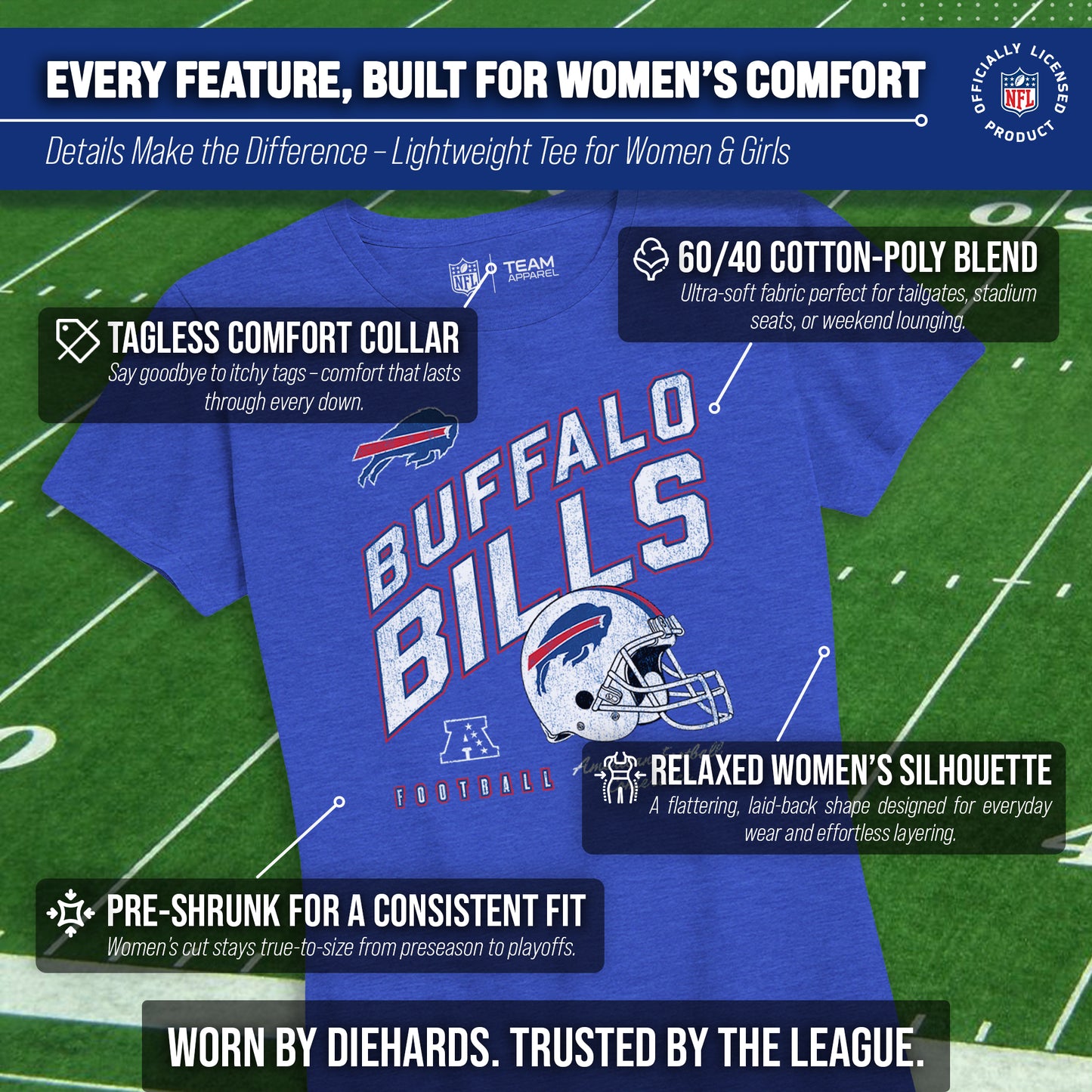 Buffalo Bills NFL Womens Distressed Helmet Tag-Less Soft T-Shirt - Royal Heather