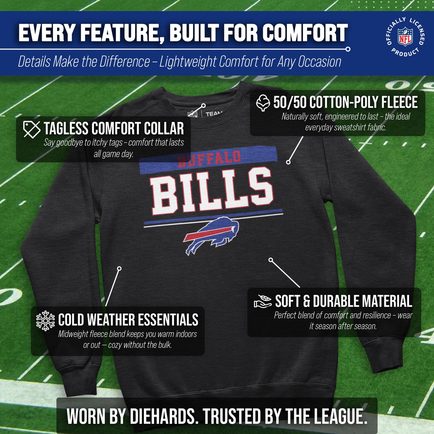 Buffalo Bills NFL Adult Long Sleeve Team Block Charcoal Crewneck Sweatshirt - Charcoal