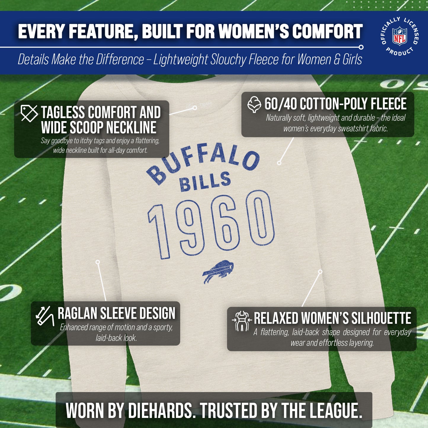Buffalo Bills NFL Womens Big Date Slouchy Crewneck - Natural