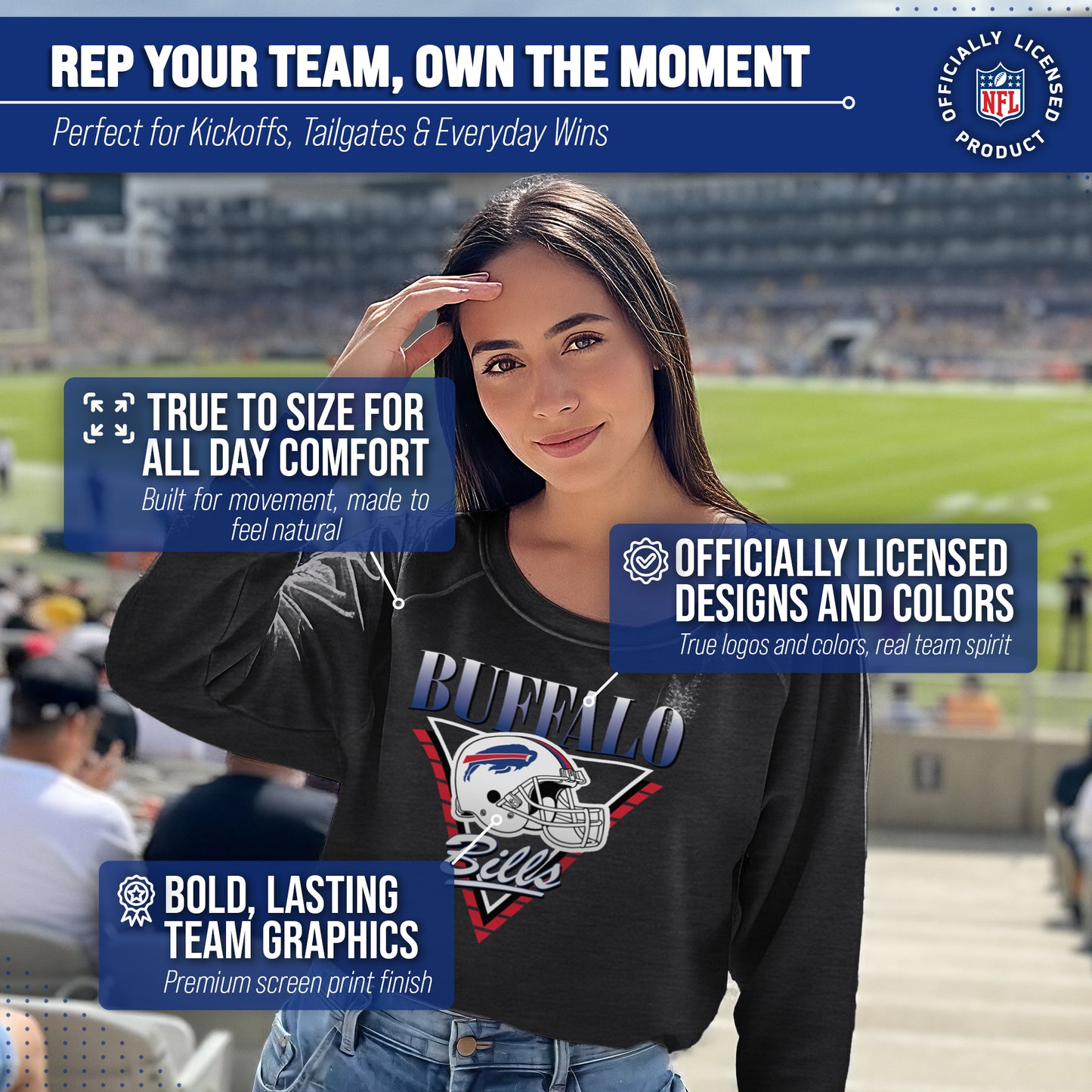 Buffalo Bills NFL Womens Retro Triangle Slouchy Crewneck - Heather Charcoal