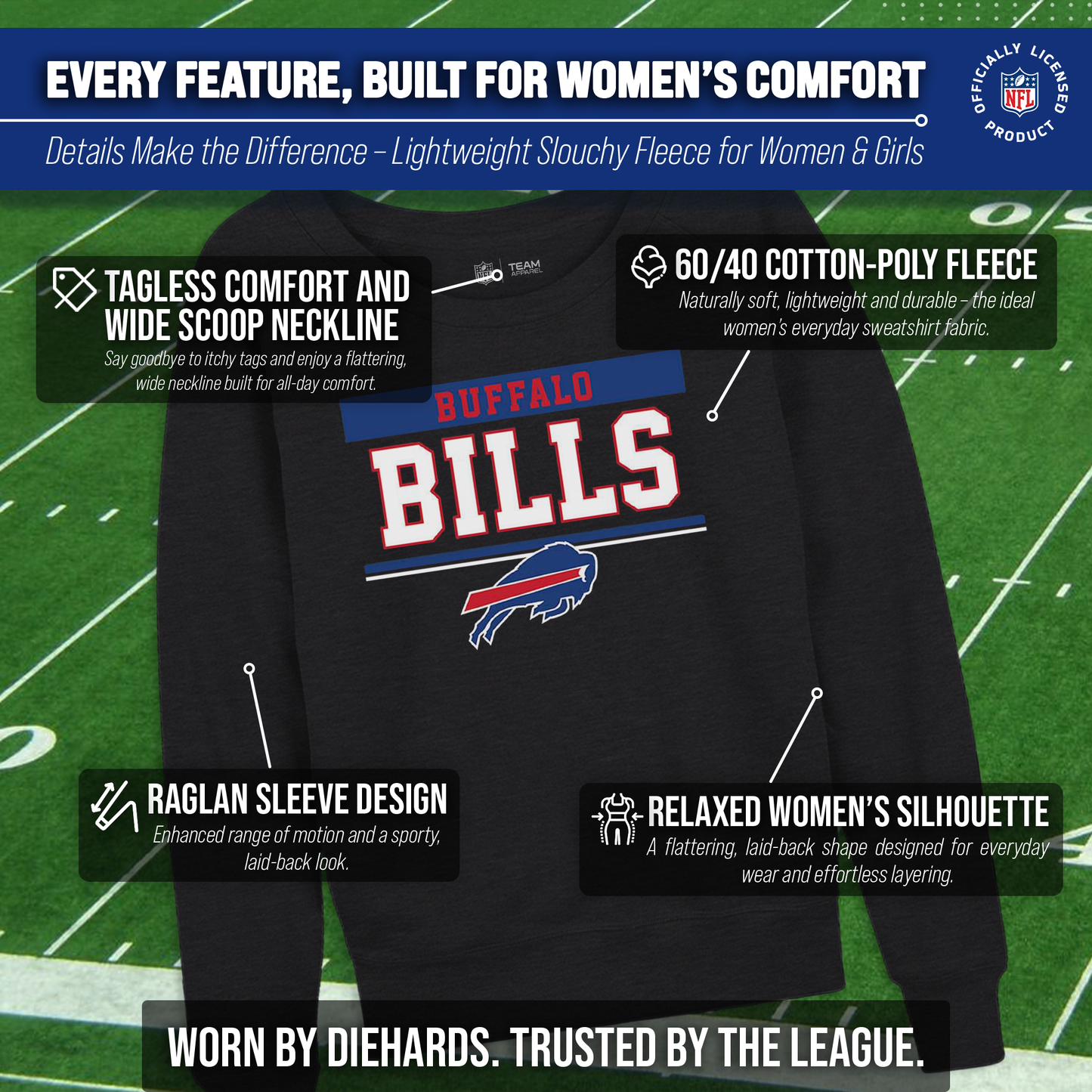 Buffalo Bills NFL Womens Charcoal Crew Neck Football Apparel - Charcoal