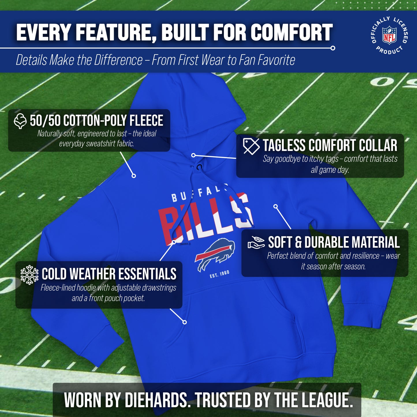 Buffalo Bills Adult NFL Diagonal Fade Fleece Hooded Sweatshirt - Royal