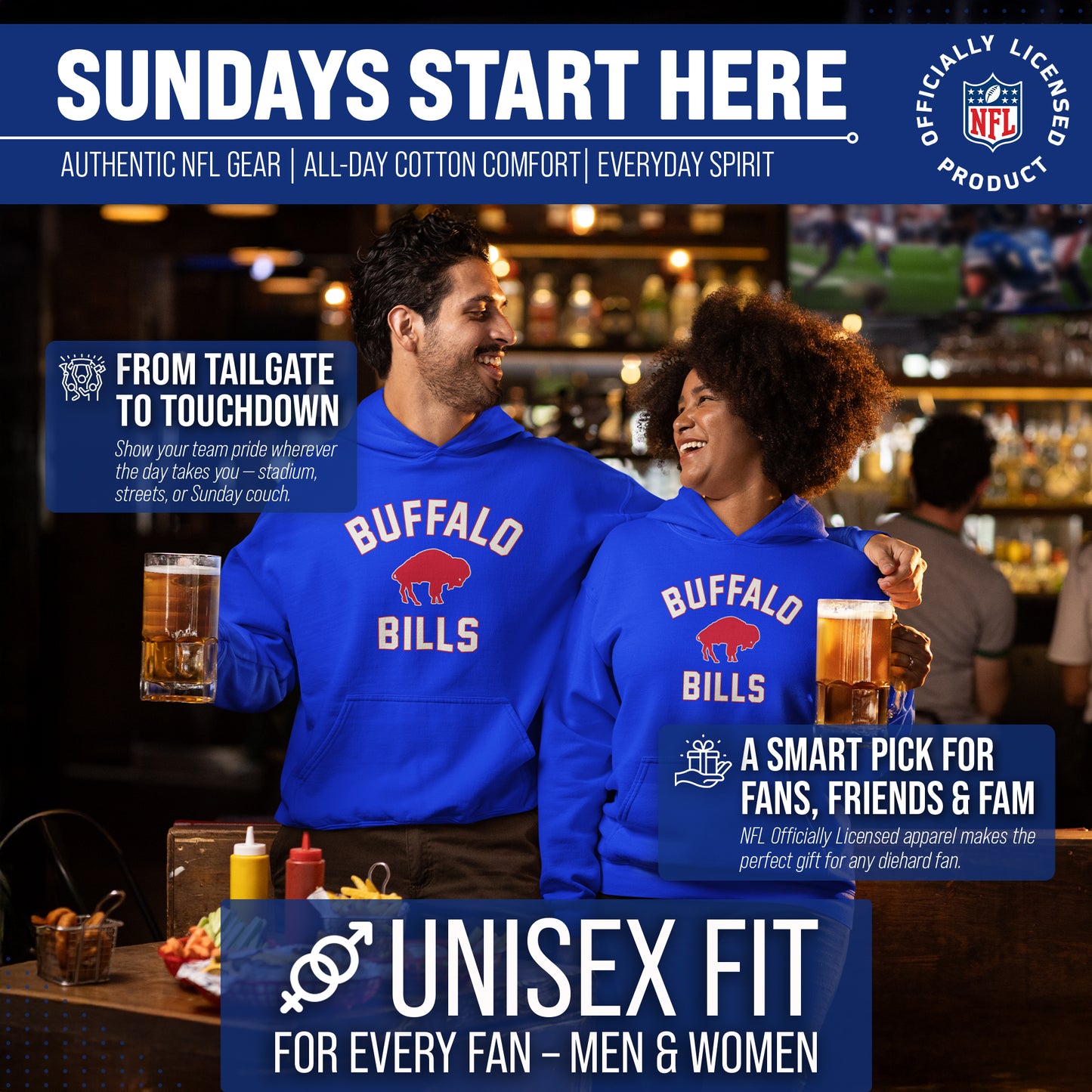 Buffalo Bills NFL Adult Unisex Retro Gameday Ultra Soft Fleece Hooded Sweatshirt - Royal