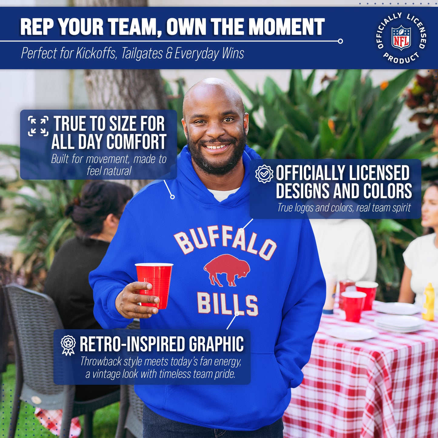 Buffalo Bills NFL Adult Unisex Retro Gameday Ultra Soft Fleece Hooded Sweatshirt - Royal