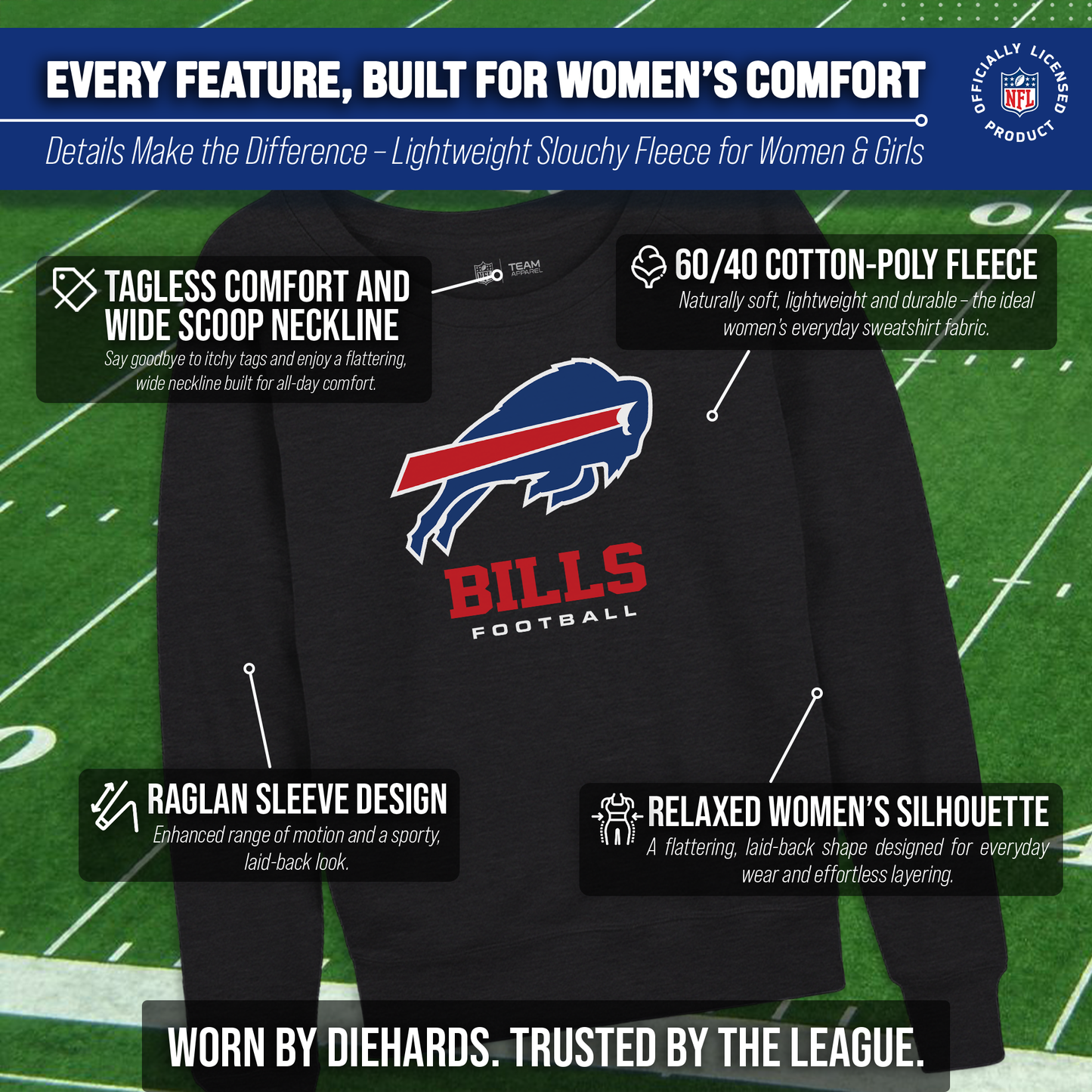 Buffalo Bills Women's NFL Ultimate Fan Logo Slouchy Crewneck -Tagless Fleece Lightweight Pullover - Charcoal