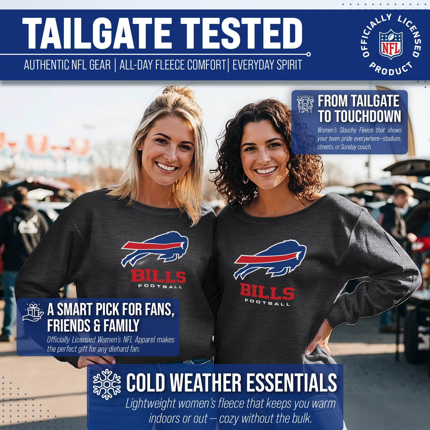 Buffalo Bills Women's NFL Ultimate Fan Logo Slouchy Crewneck -Tagless Fleece Lightweight Pullover - Charcoal