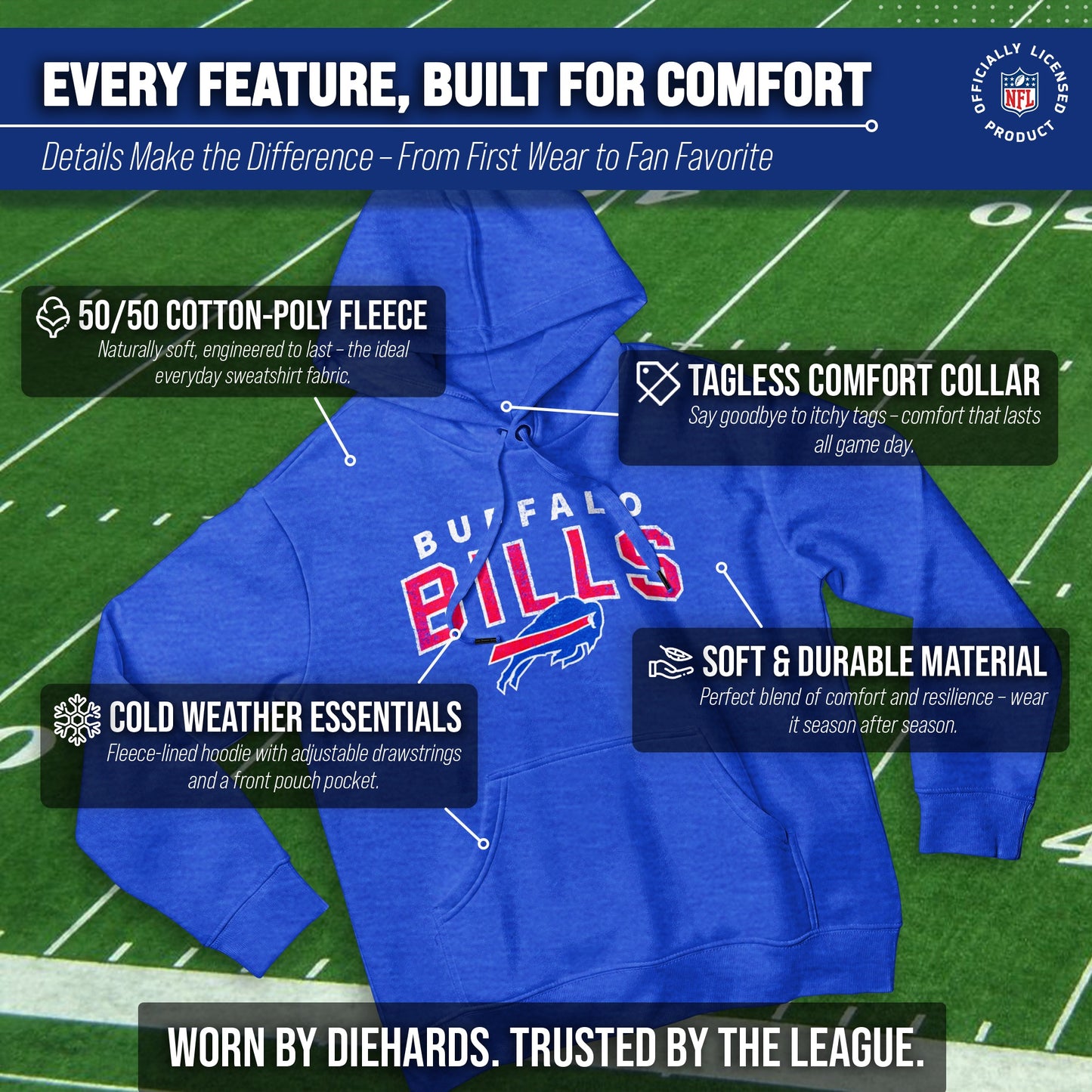 Buffalo Bills NFL Adult Unisex Starting Fresh Ultra Soft Fleece Hooded Sweatshirt - Royal