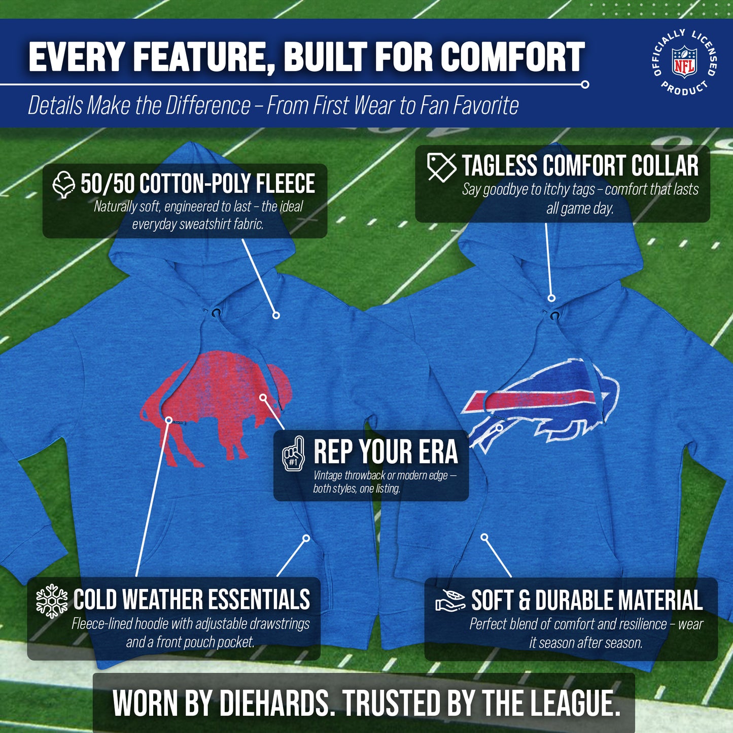 Buffalo Bills NFL Adult Unisex Modern Throwback Ultra Soft Fleece Hooded Sweatshirt - Royal
