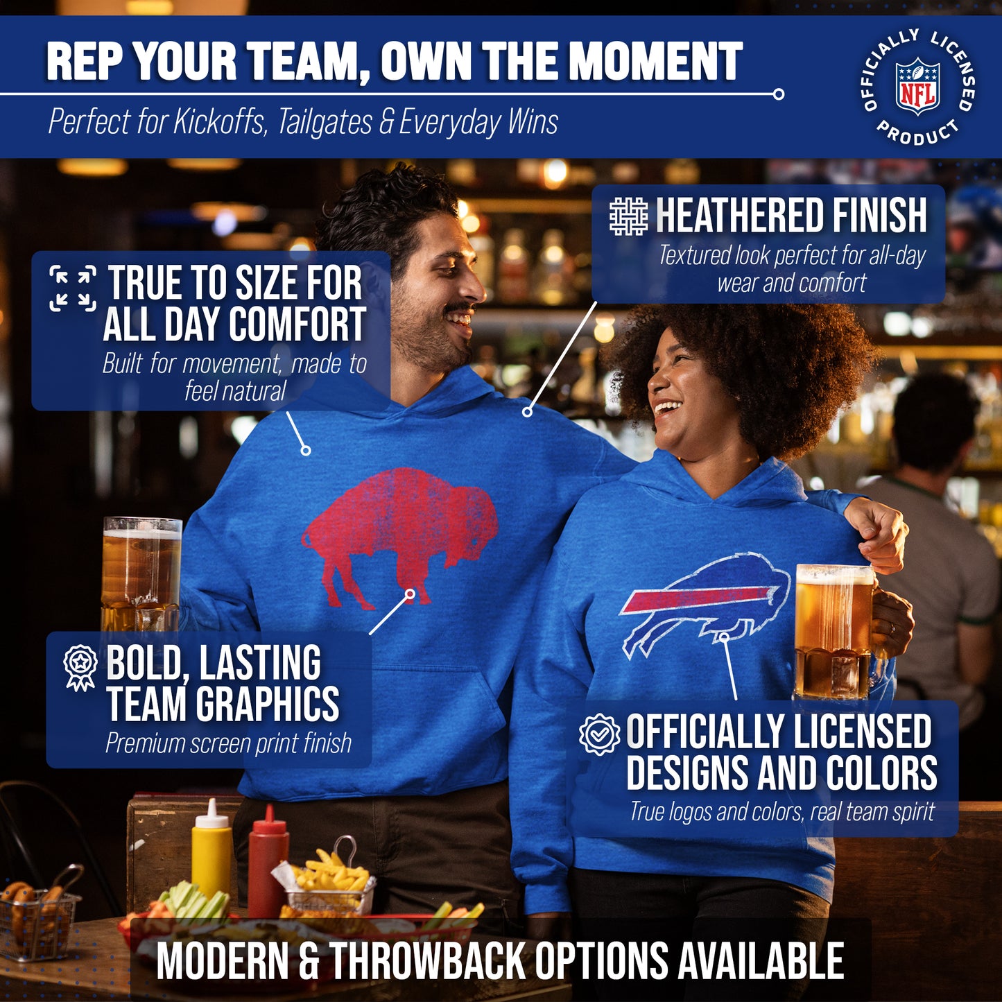 Buffalo Bills NFL Adult Unisex Modern Throwback Ultra Soft Fleece Hooded Sweatshirt - Royal