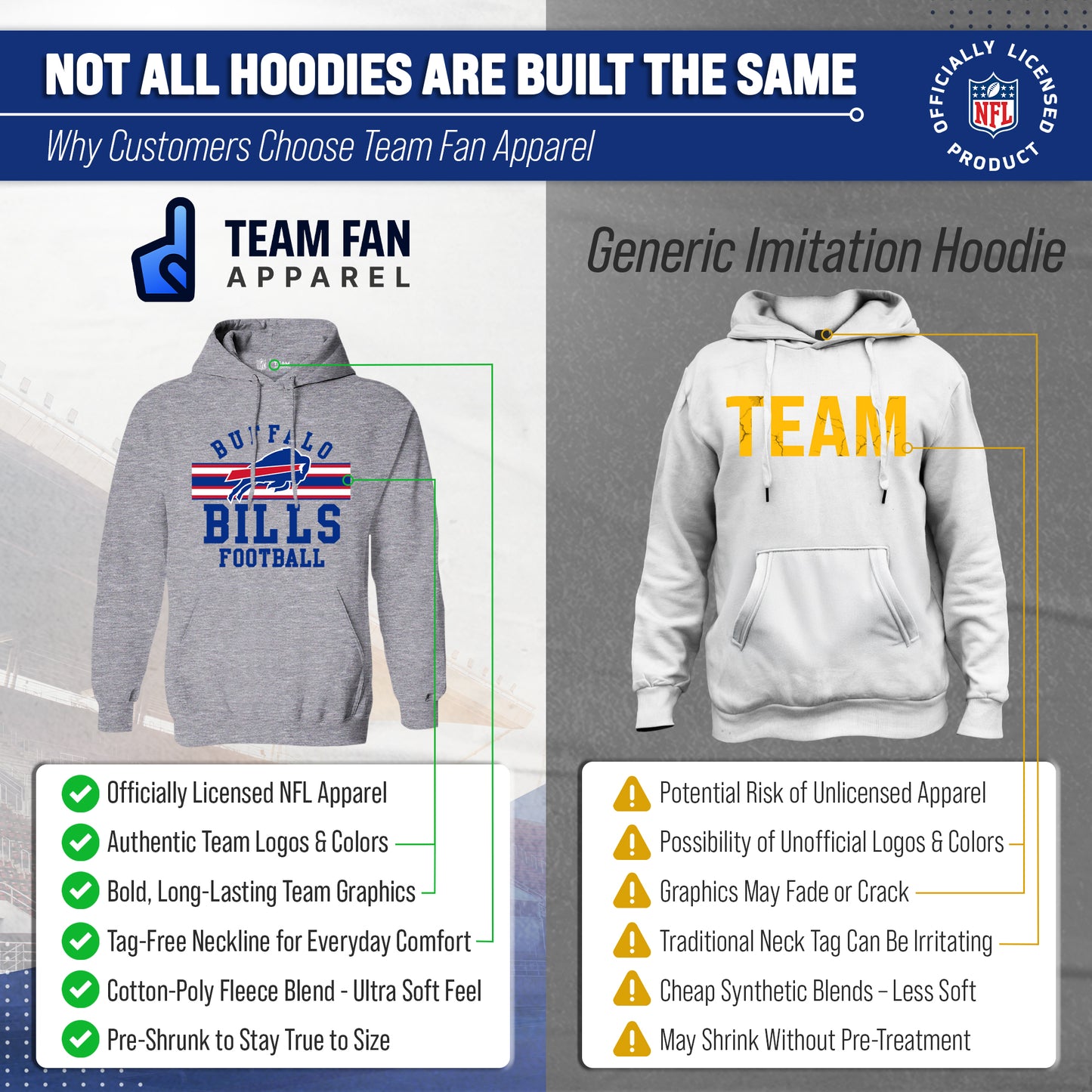 Buffalo Bills NFL Team Stripe Hooded Sweatshirt- Soft Pullover Sports Hoodie For Men & Women - Sport Gray