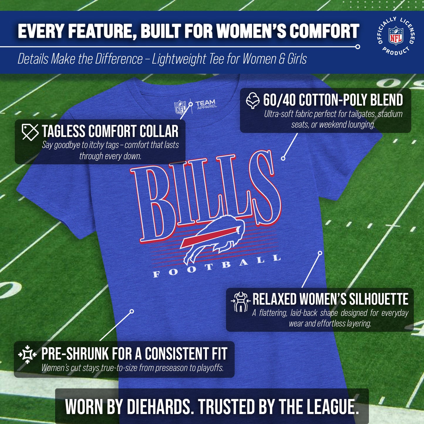Buffalo Bills NFL Womens Overtime Blueprint Tag-Less T-Shirt - Royal