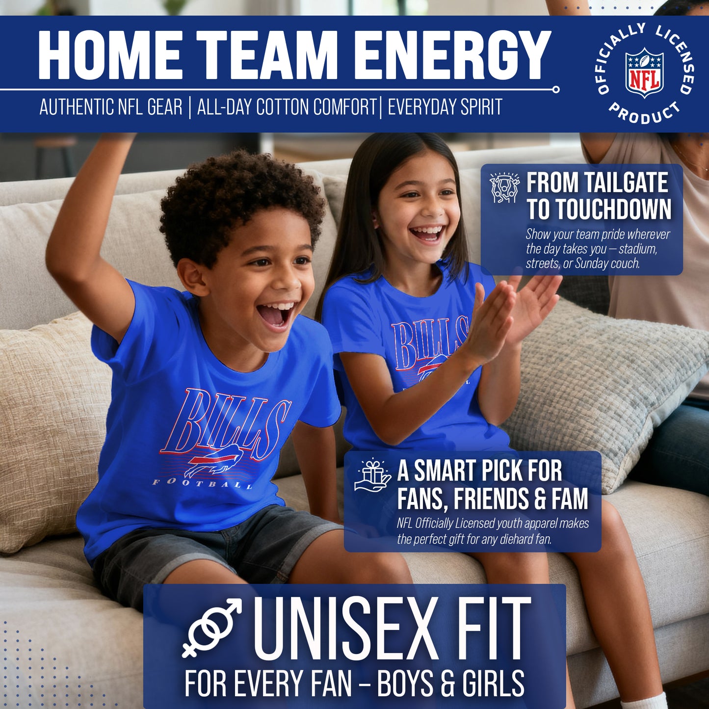 Buffalo Bills NFL Youth Overtime Blueprint Football T-Shirt Unisex Tag Free Comfortable - Royal