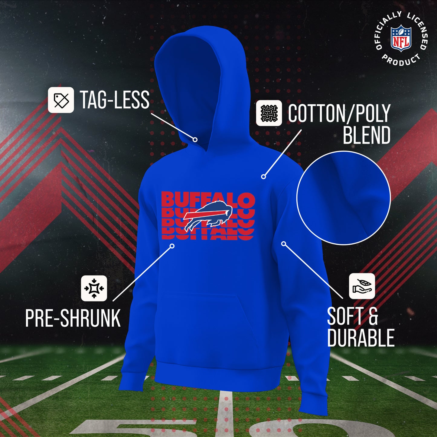 Buffalo Bills NFL Youth Repeating Logo Football Fleece Hooded Sweatshirt - Royal