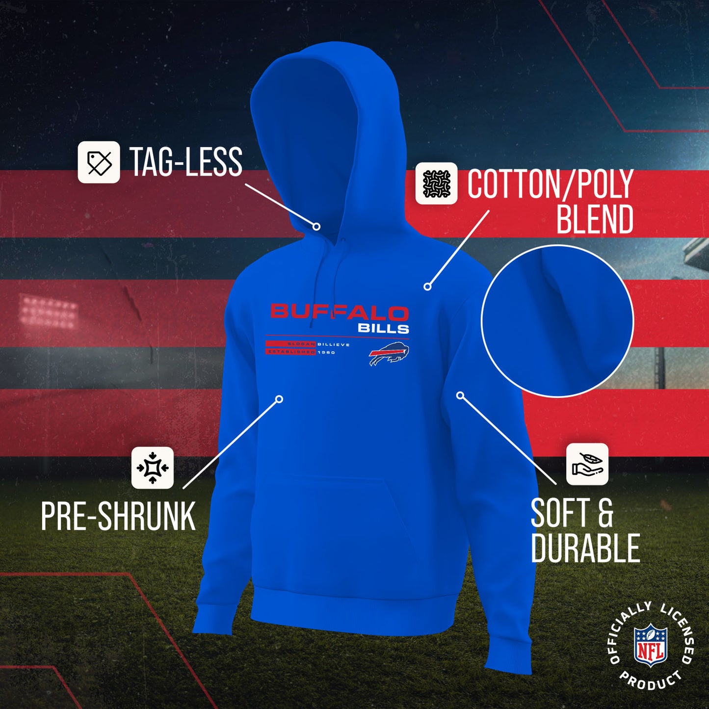 Buffalo Bills Adult NFL Speed Stat Sheet Fleece Hooded Sweatshirt - Royal