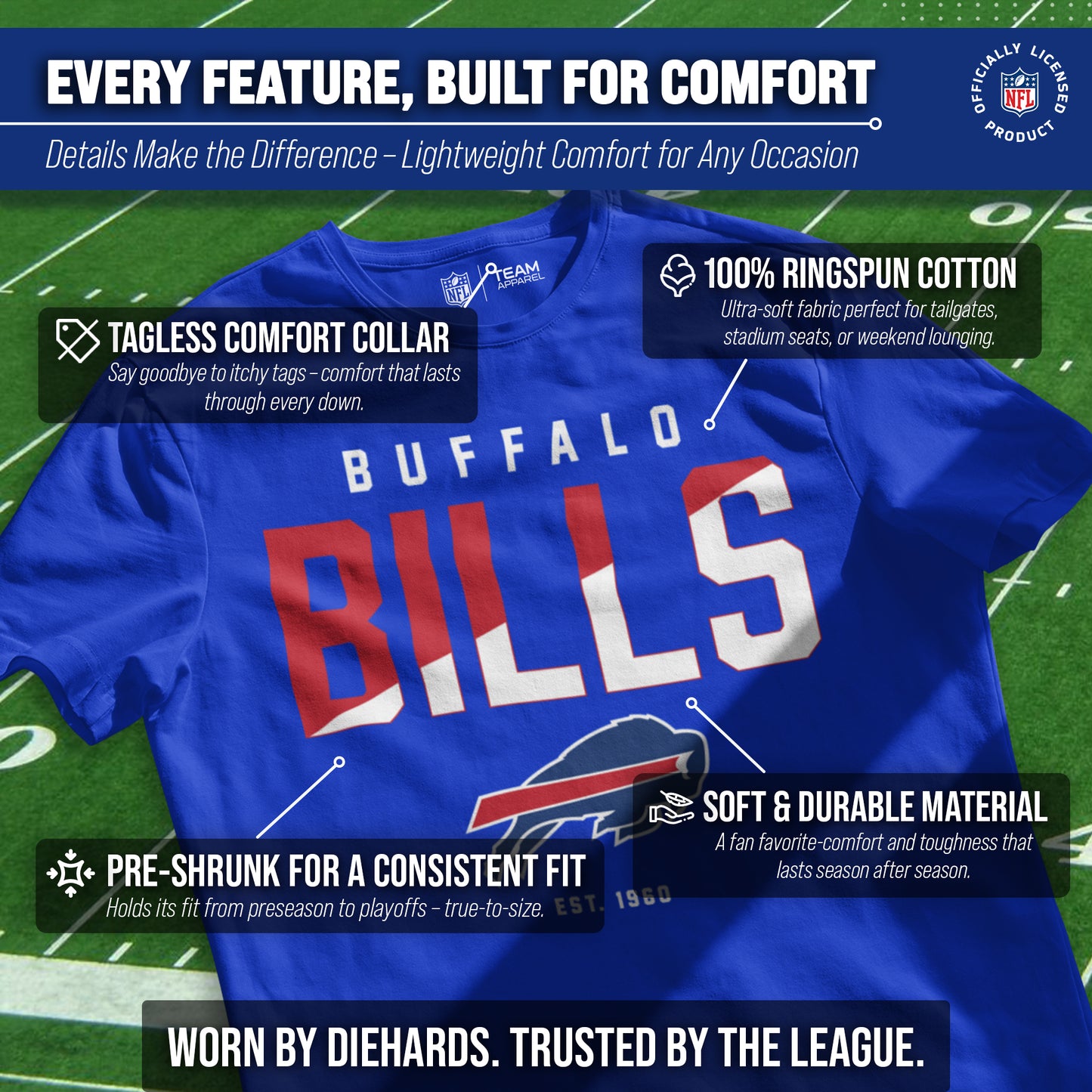 Buffalo Bills Adult NFL Diagonal Fade Color Block T-Shirt - Royal