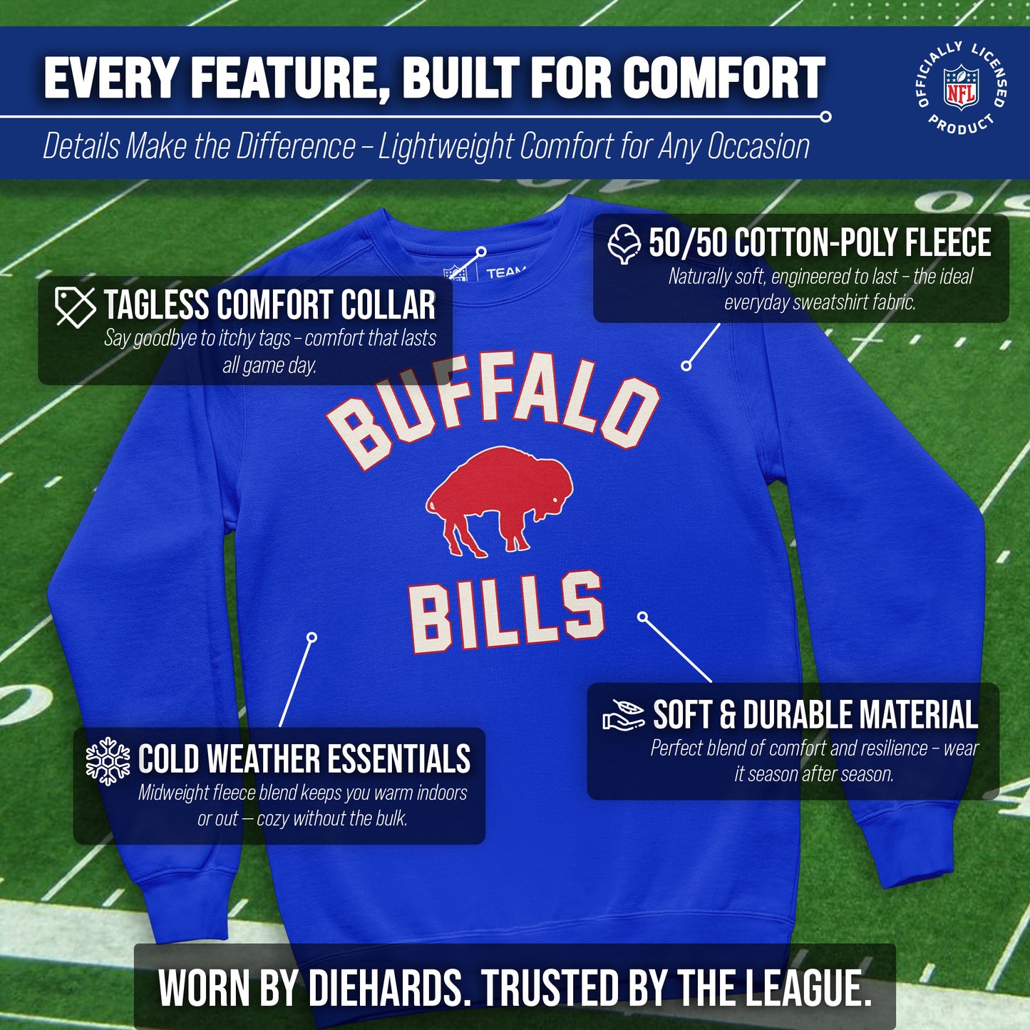 Buffalo Bills NFL Adult Unisex Retro Gameday Ultra Soft Fleece Crewneck Sweatshirt - Royal