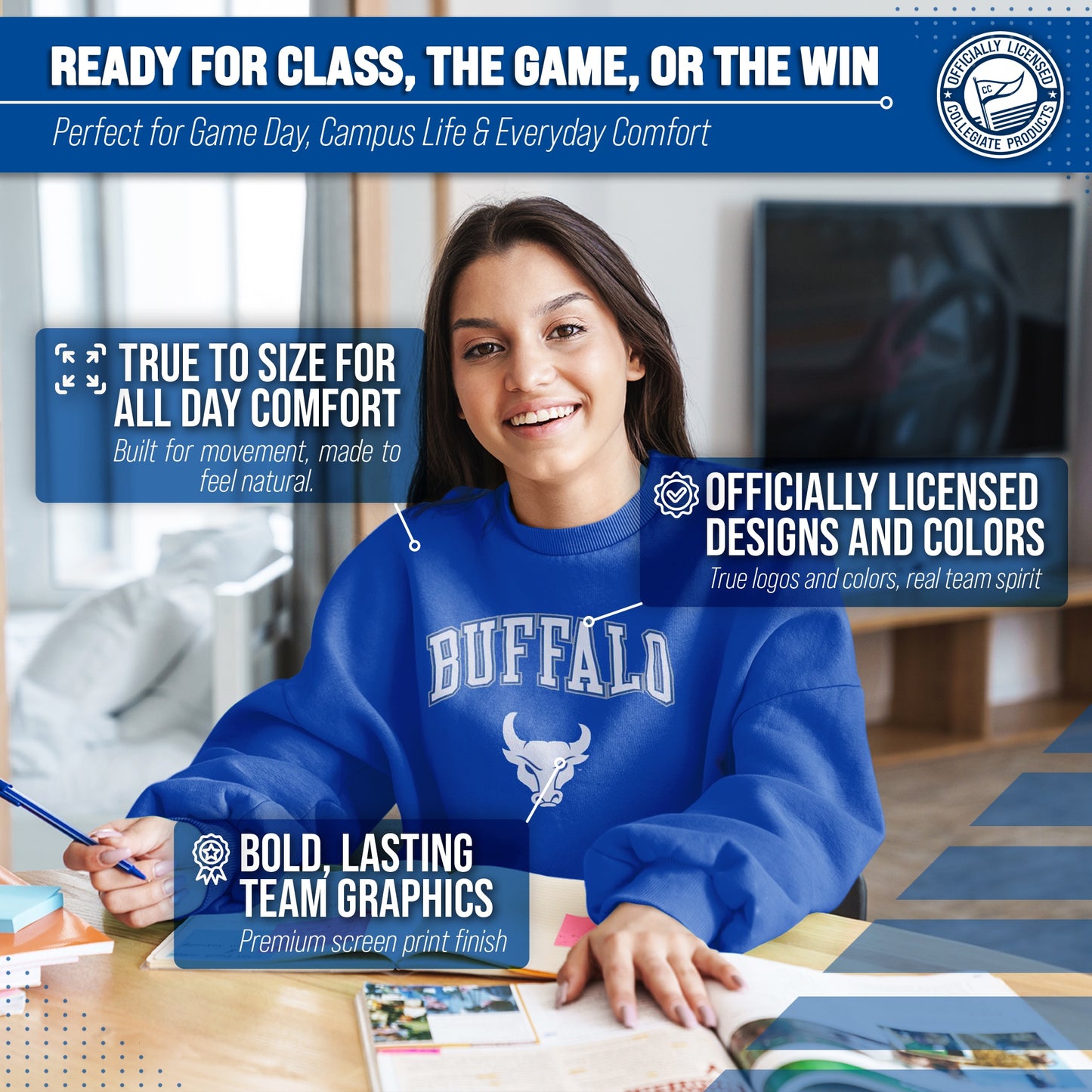 Buffalo Bulls Adult Arch & Logo Soft Style Gameday Crewneck Sweatshirt - Royal
