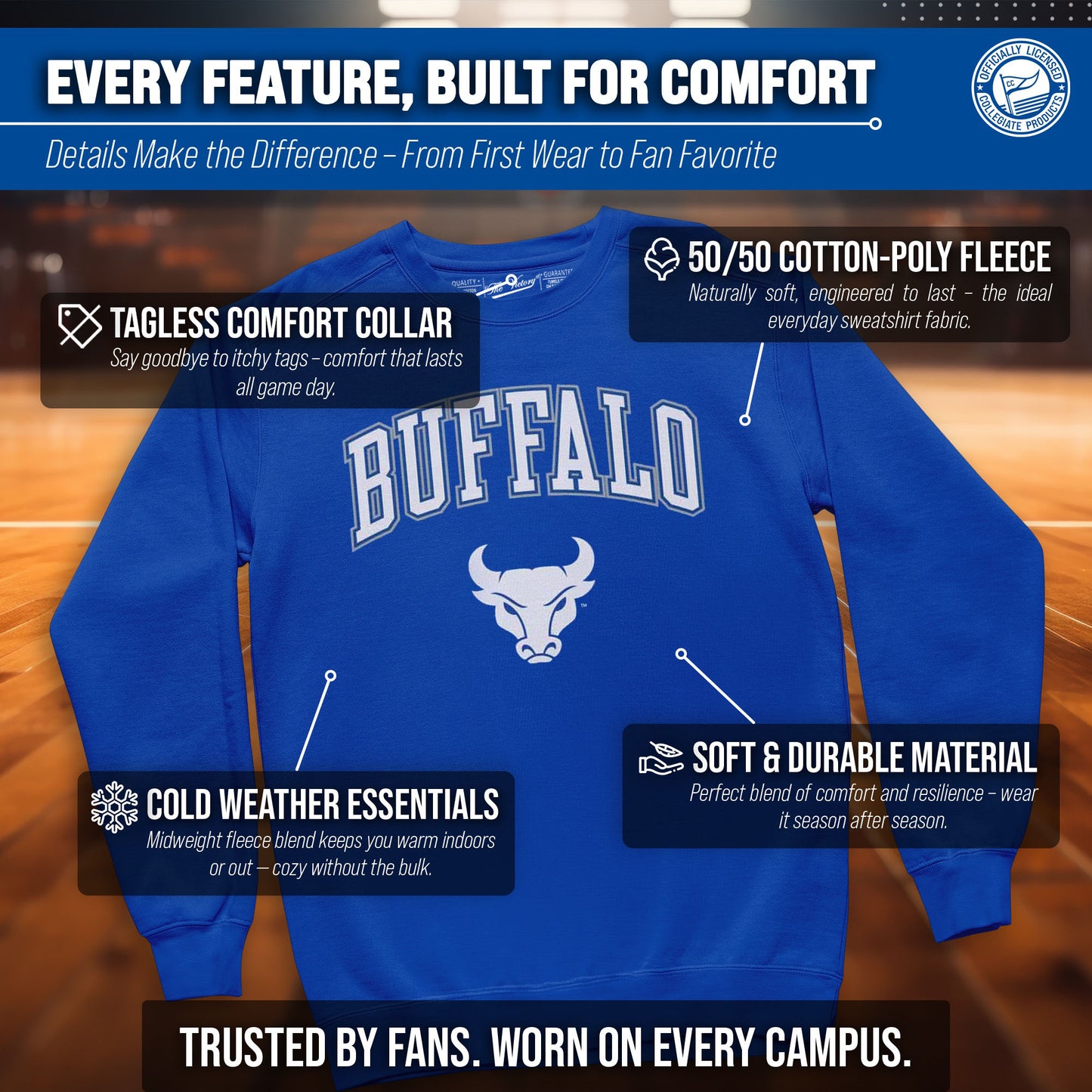 Buffalo Bulls Adult Arch & Logo Soft Style Gameday Crewneck Sweatshirt - Royal