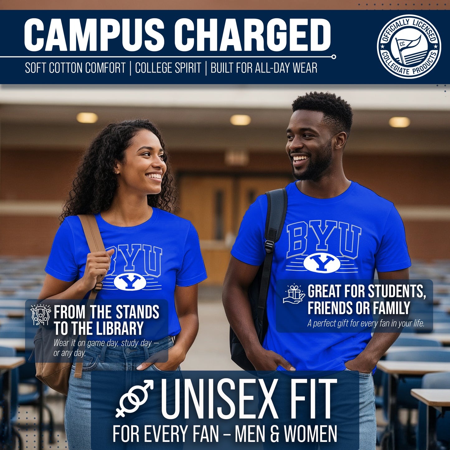 BYU Cougars NCAA Adult Unisex Overtime Classics T-Shirt - Royal