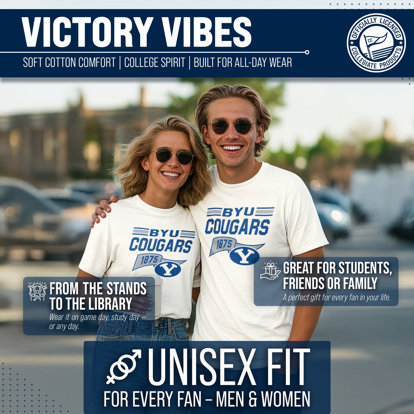 BYU Cougars NCAA Adult Unisex Varsity Club Pennant T-Shirt Tag-Less - Off White