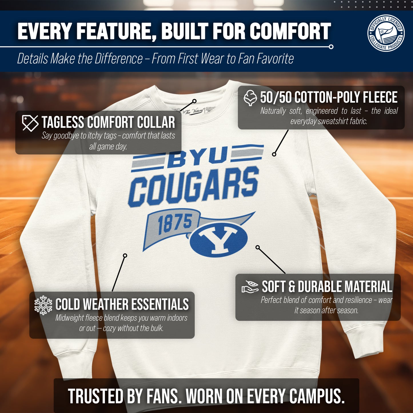 BYU Cougars NCAA Adult Unisex Varsity Club Pennant Crewneck Fleece Sweatshirt - Off White