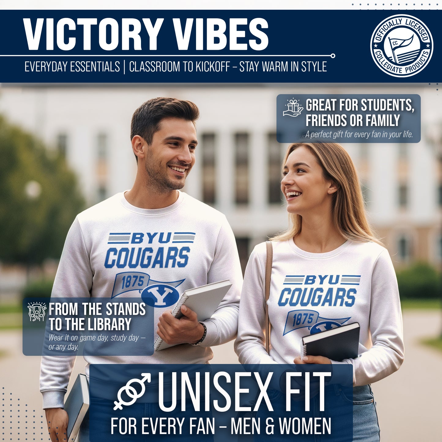 BYU Cougars NCAA Adult Unisex Varsity Club Pennant Crewneck Fleece Sweatshirt - Off White