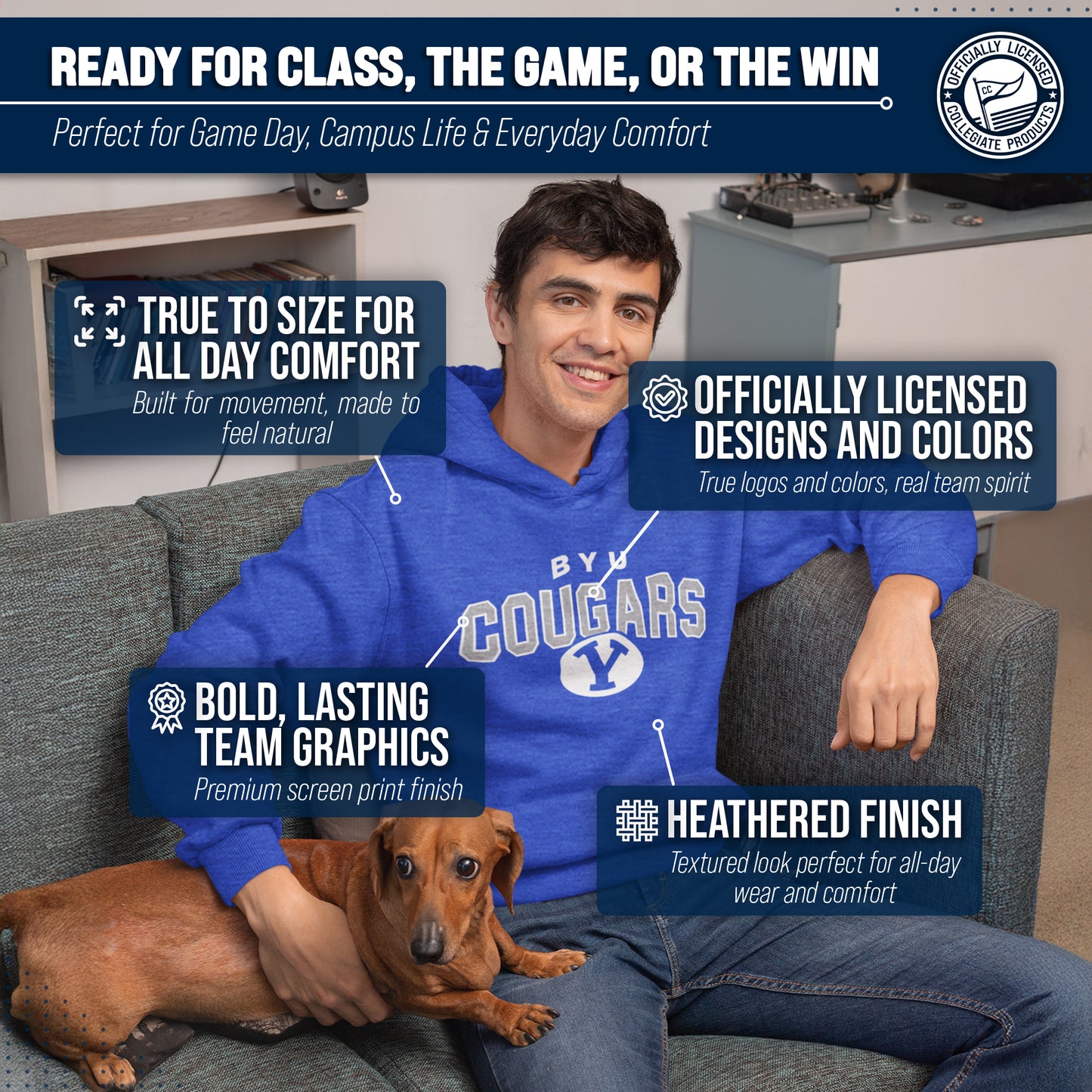 BYU Cougars NCAA Adult Unisex Starting Fresh Heathered Hooded Fleece Sweatshirt - Royal Heather