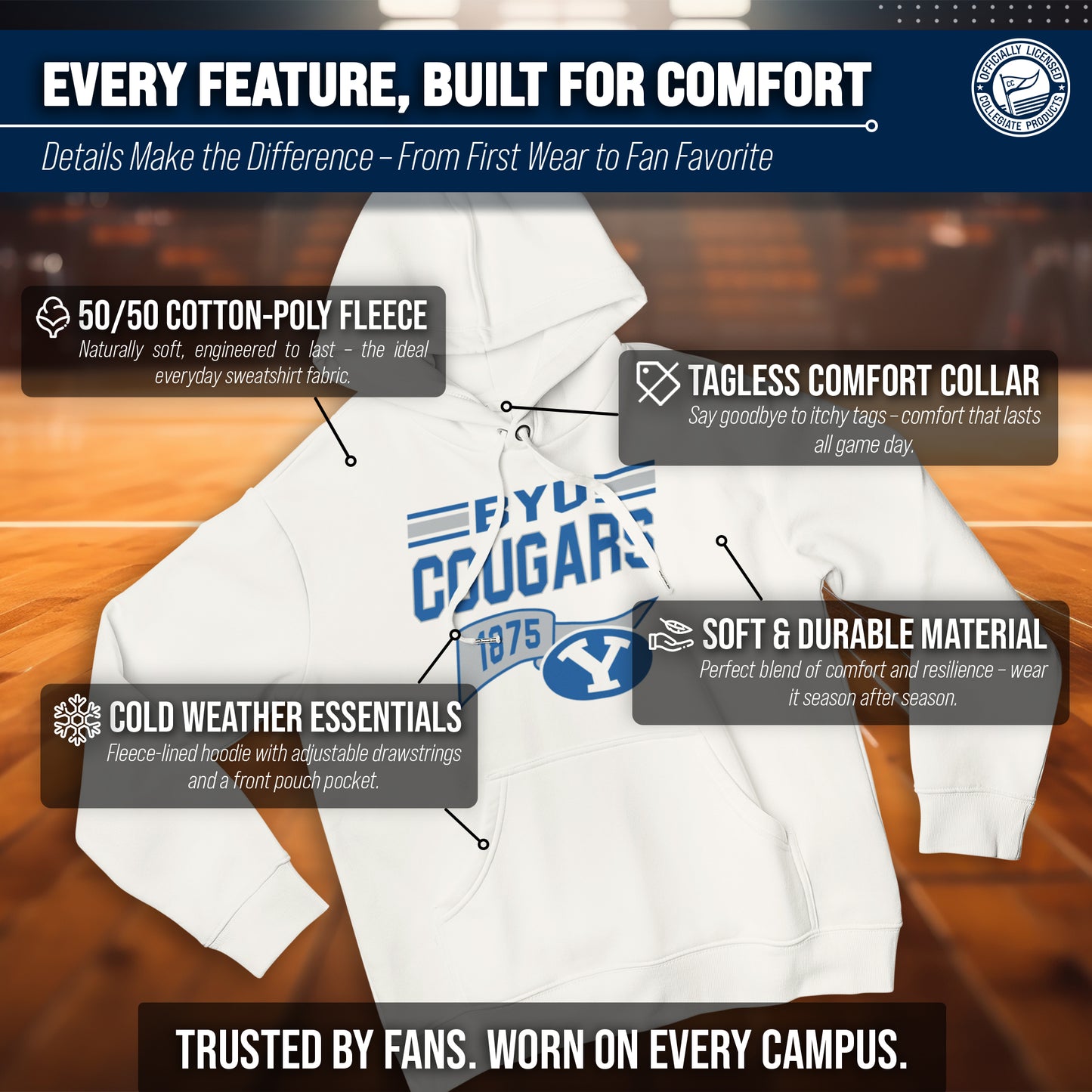 BYU Cougars NCAA Adult Unisex Varsity Club Pennant Hooded Fleece Sweatshirt - Off White