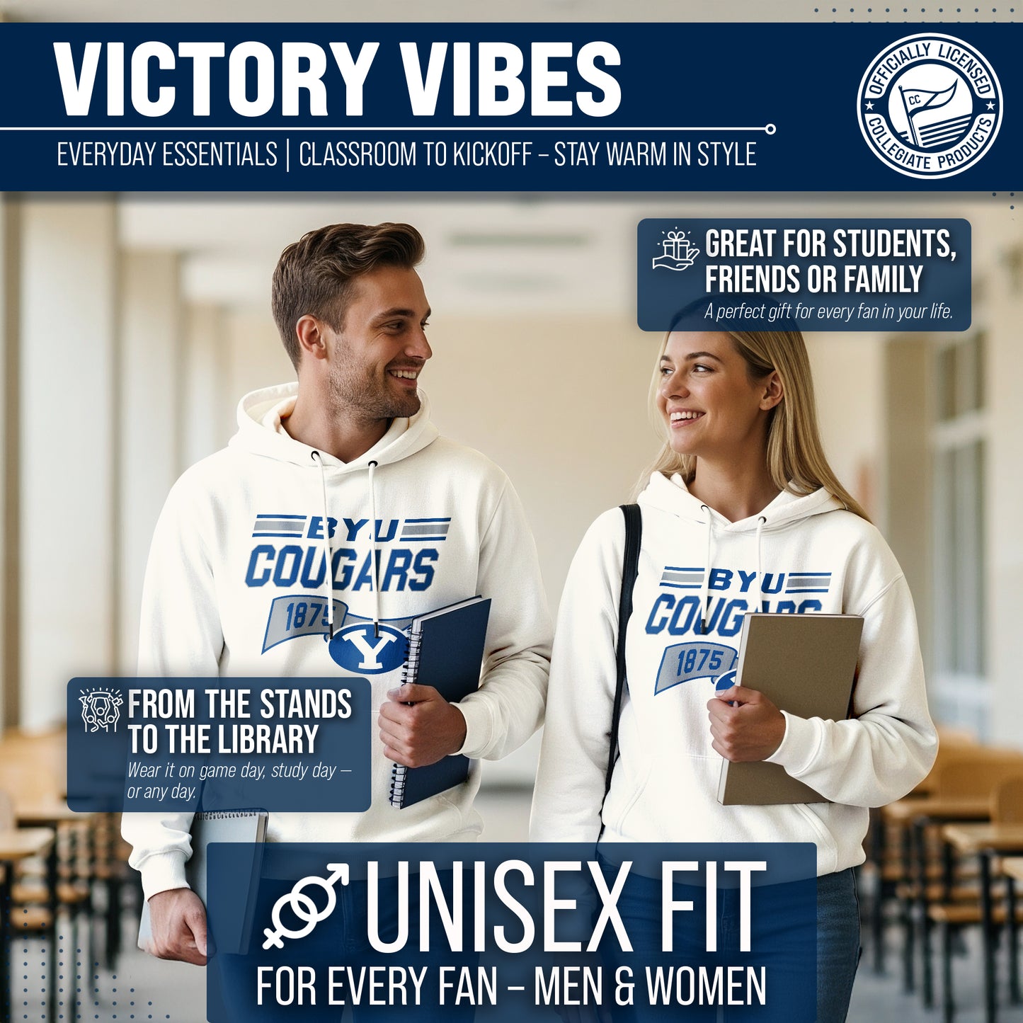 BYU Cougars NCAA Adult Unisex Varsity Club Pennant Hooded Fleece Sweatshirt - Off White