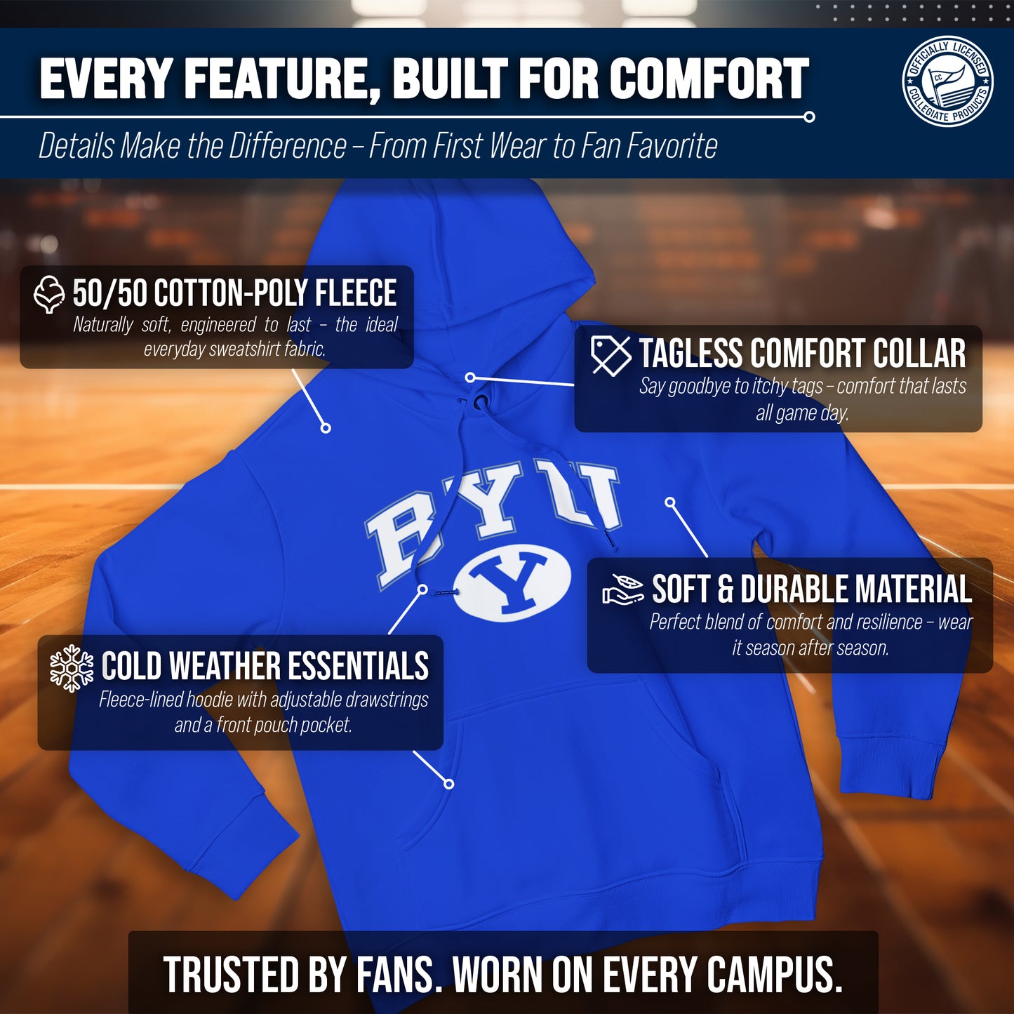 BYU Cougars Adult Arch & Logo Soft Style Gameday Hooded Sweatshirt - Navy