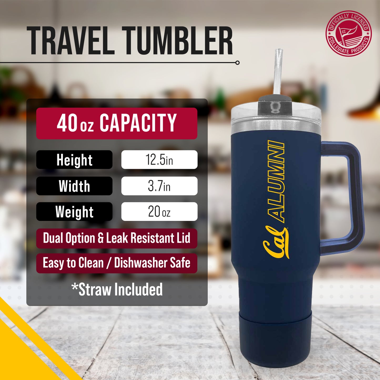 Cal Golden Bears Collegiate 40oz Stainless Steel Travel Tumbler with Handle for Alumni - Navy