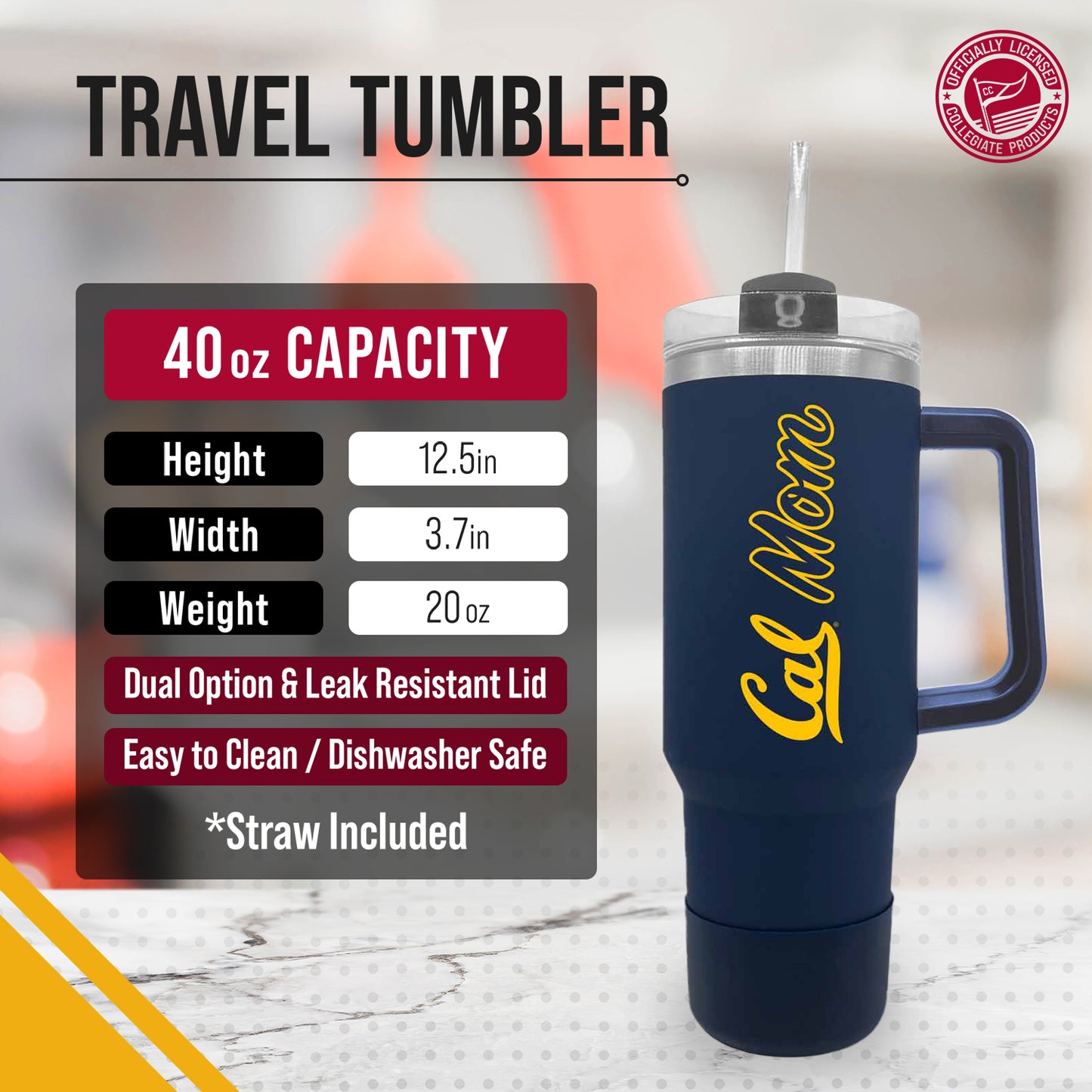 Cal Golden Bears Collegiate 40oz Stainless Steel Travel Tumbler with Handle for Mom - Navy