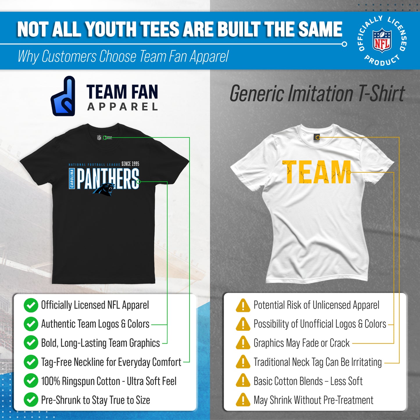 Carolina Panthers NFL Youth Modern Endzone Football T-Shirt Unisex Tag Free Comfortable - Black