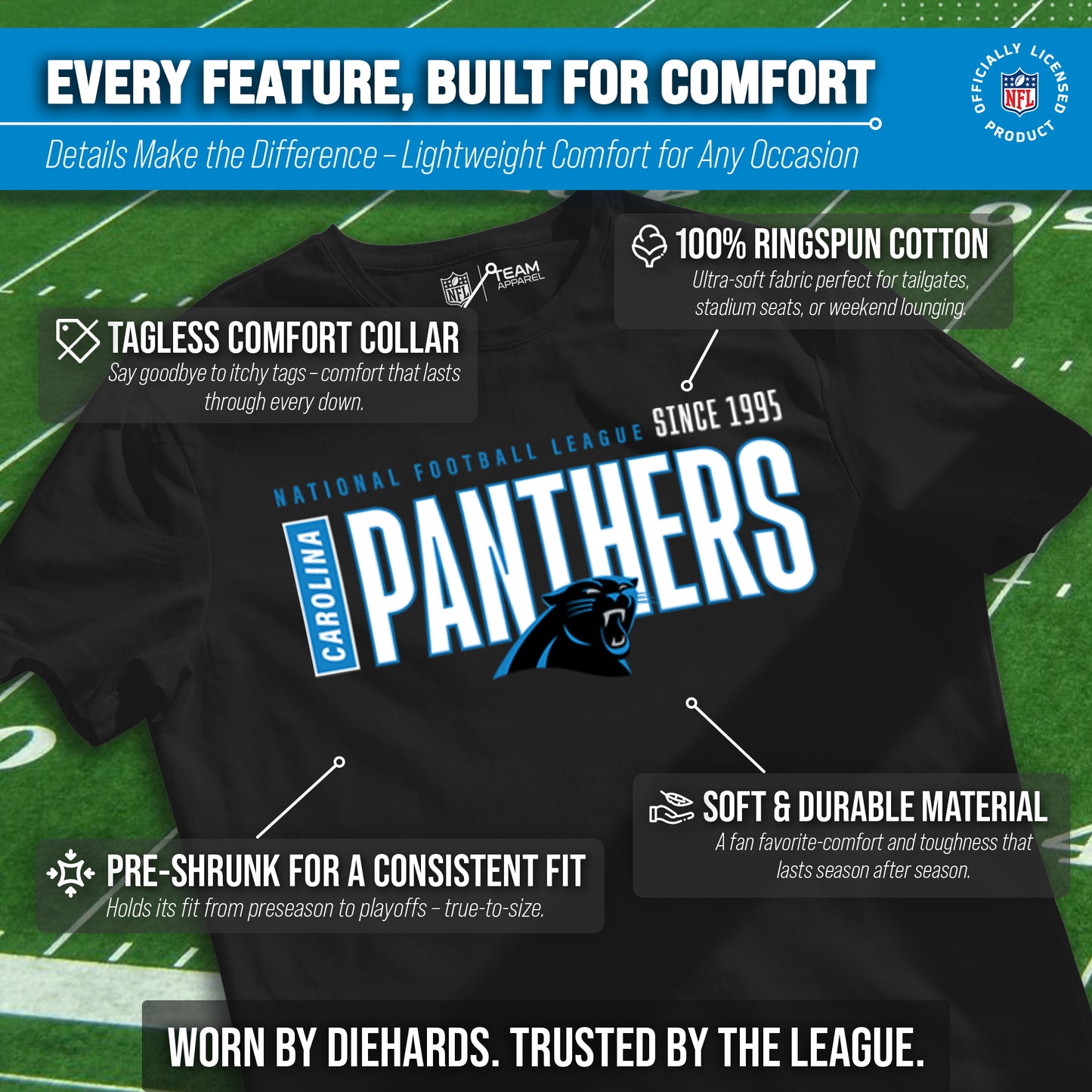 Carolina Panthers NFL Youth Modern Endzone Football T-Shirt Unisex Tag Free Comfortable - Black