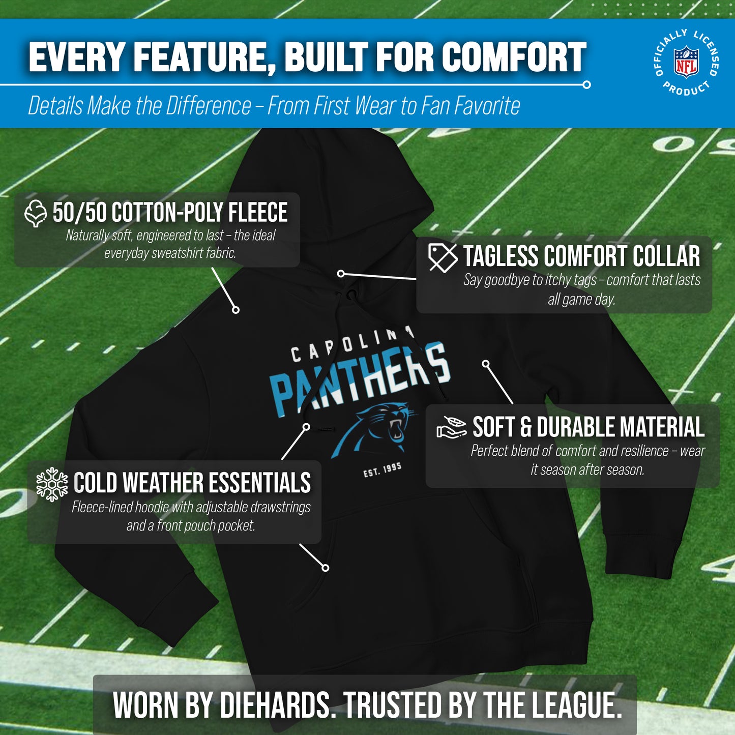 Carolina Panthers Adult NFL Diagonal Fade Fleece Hooded Sweatshirt - Black