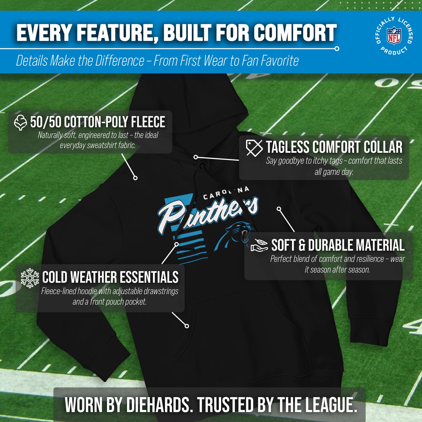 Carolina Panthers NFL Adult Unisex Retro Script Ultra Soft Fleece Hooded Sweatshirt - Black