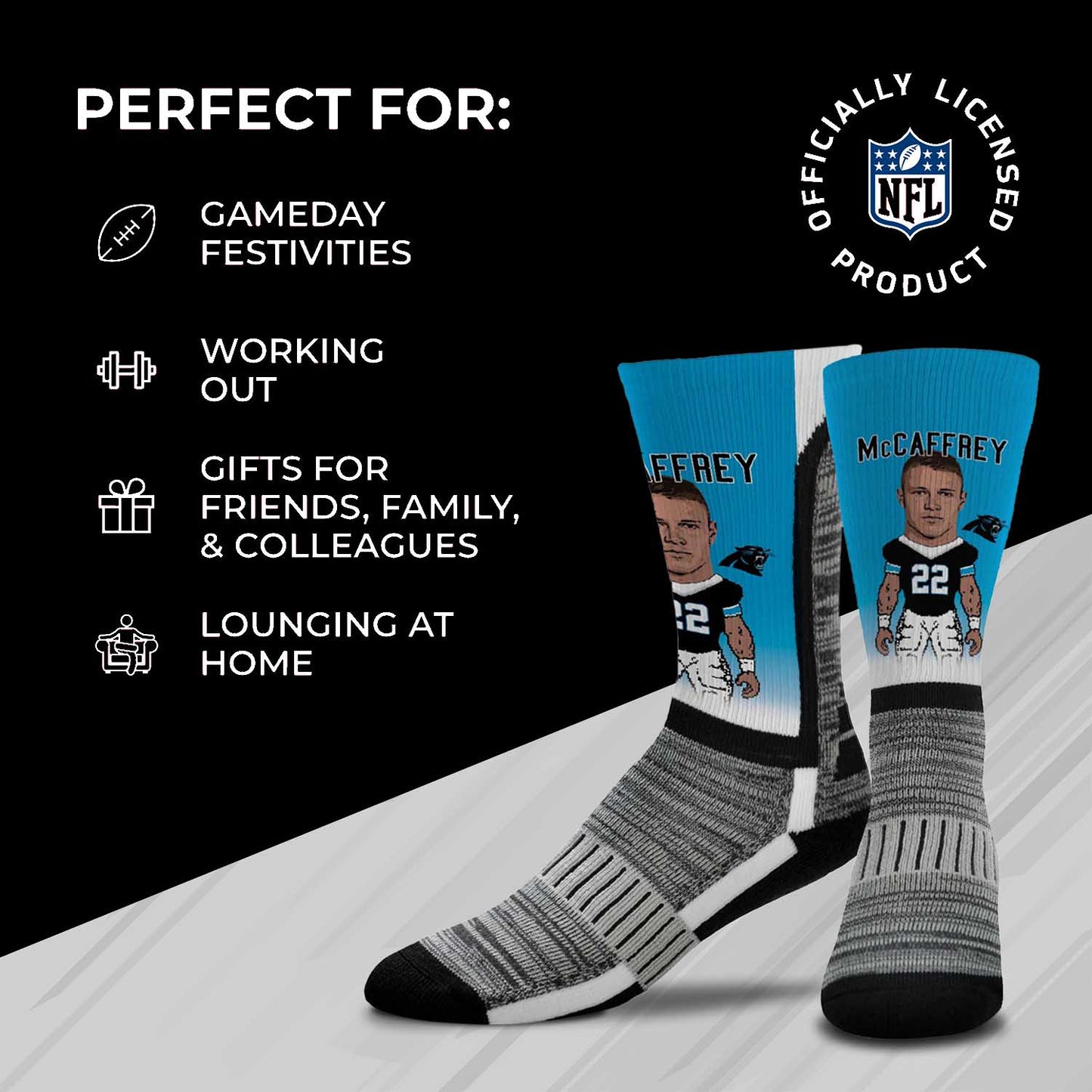 Carolina Panthers FBF NFL Youth V Curve MVP Christian McCaffrey Player Crew Socks - Blue