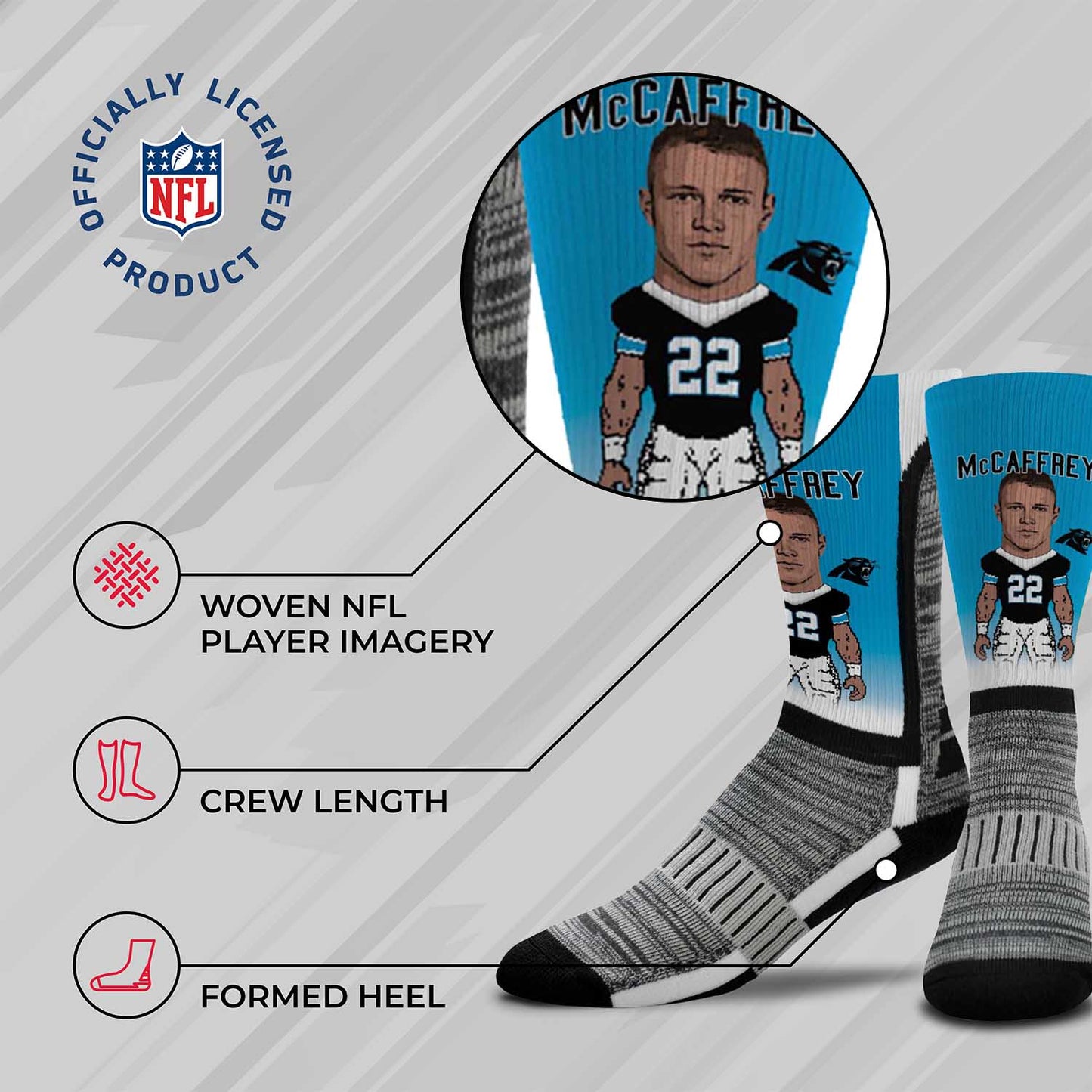 Carolina Panthers FBF NFL Youth V Curve MVP Christian McCaffrey Player Crew Socks - Blue